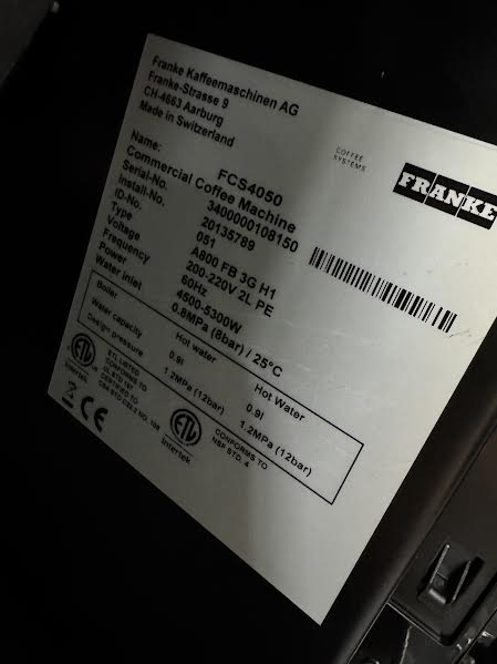 Fresh Brew Coffee Machine | Franke A800 | M# FCS4050 | 200-220V