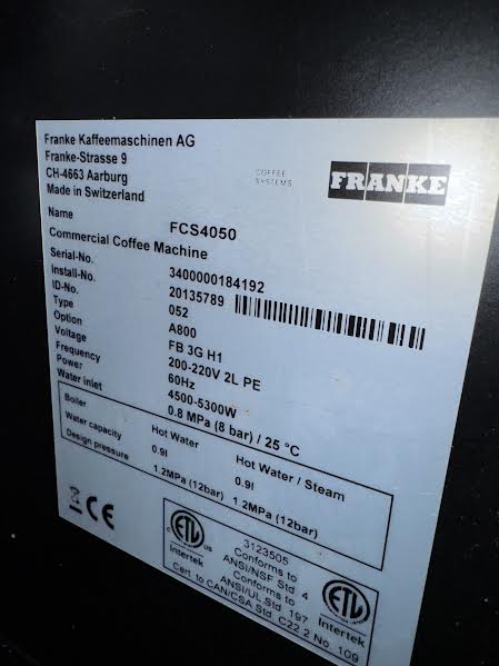 **NEW**Fresh Brew Coffee Machine | Franke A800 | M# FCS4050 | 200-220V
