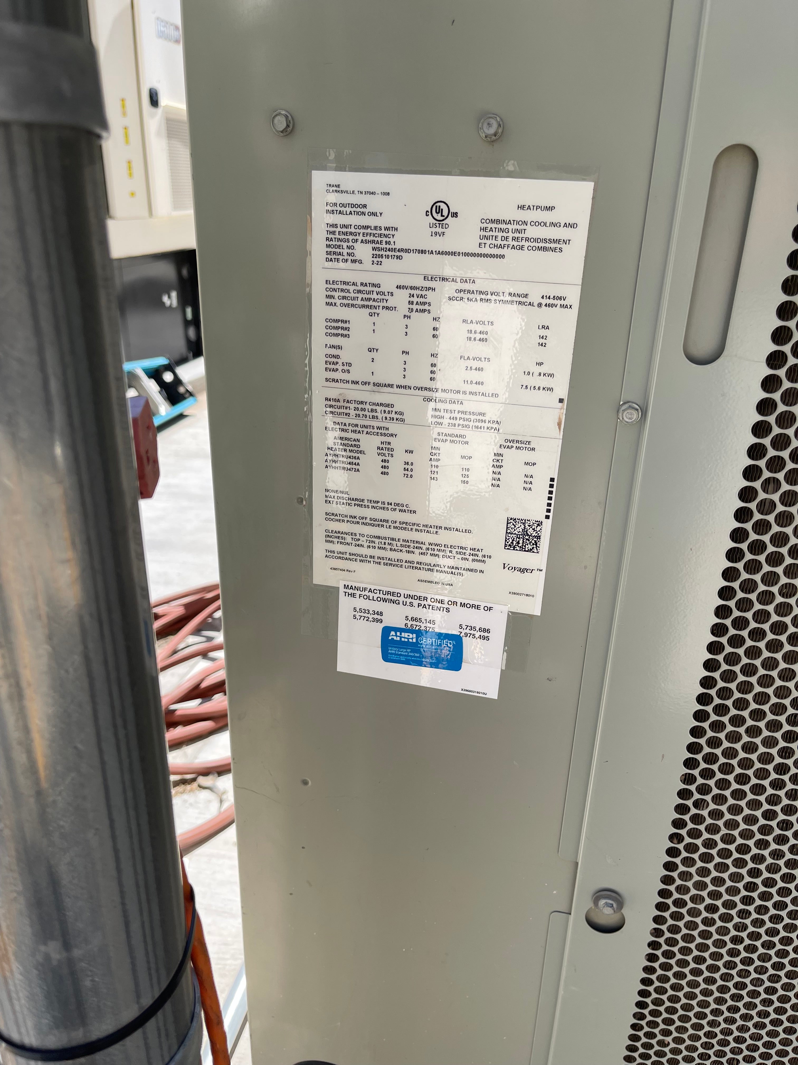 Heat Pump 20T | Trane Voyager HVAC | Model # WSH 240E4R0D4TF6 | 480 Volts