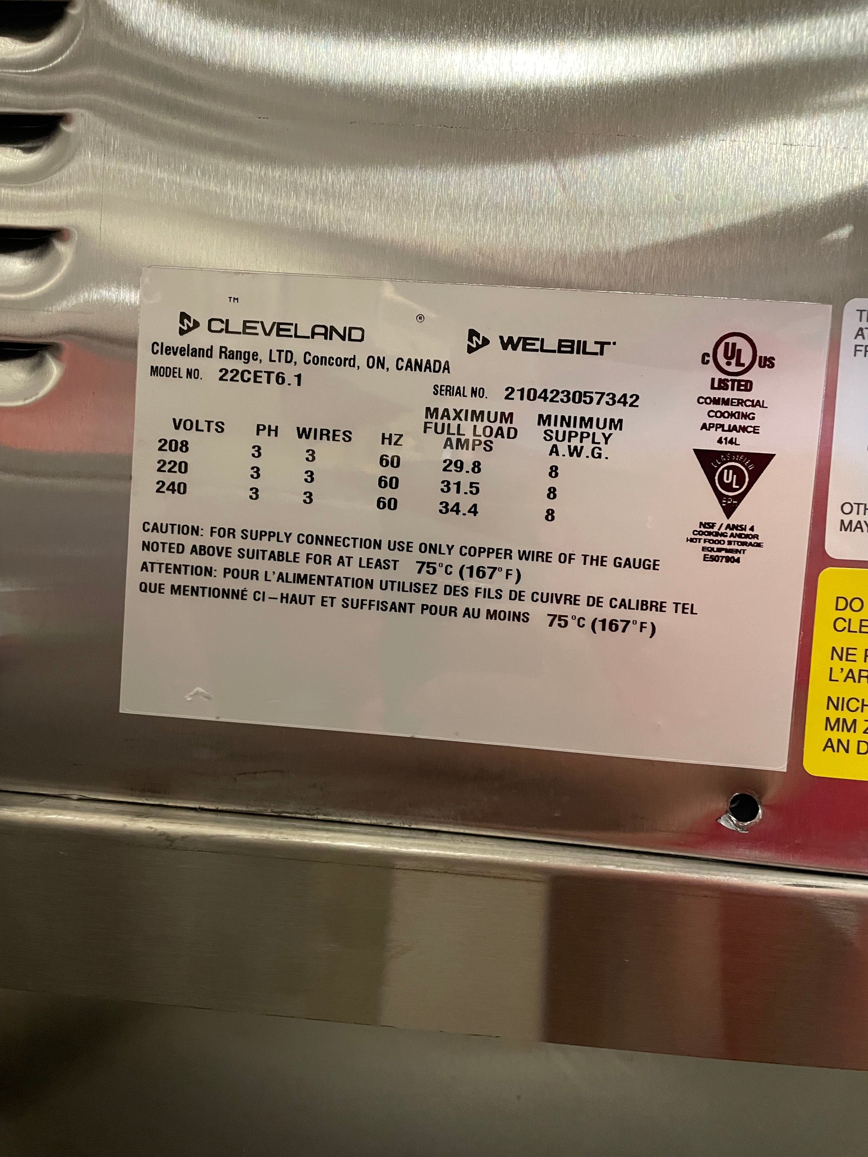 Double Stack Steamer | Cleveland | Model # 22CET66.1 (2) | 208/220/240 Volts