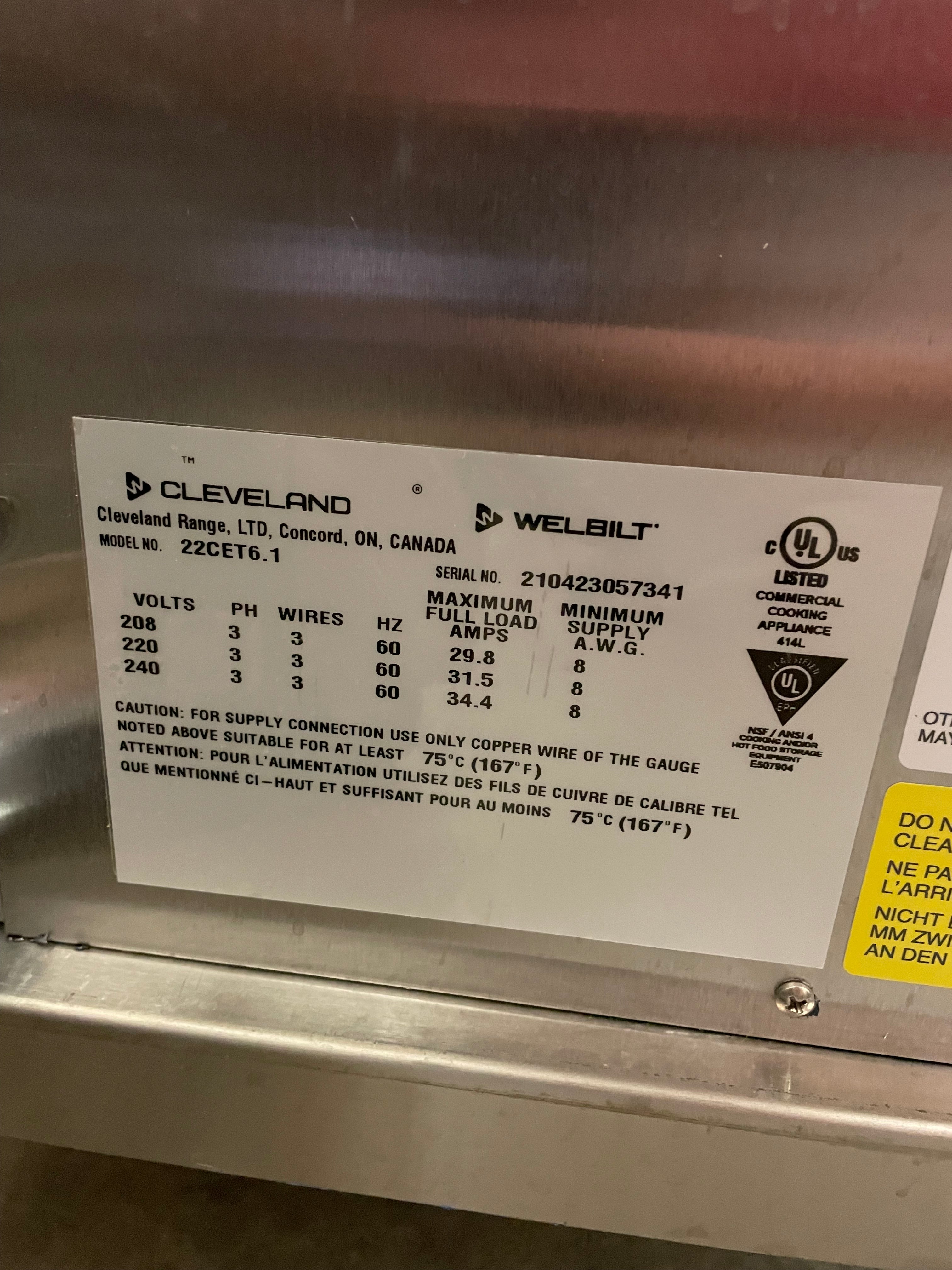 Double Stack Steamer | Cleveland | Model # 22CET66.1 (2) | 208/220/240 Volts