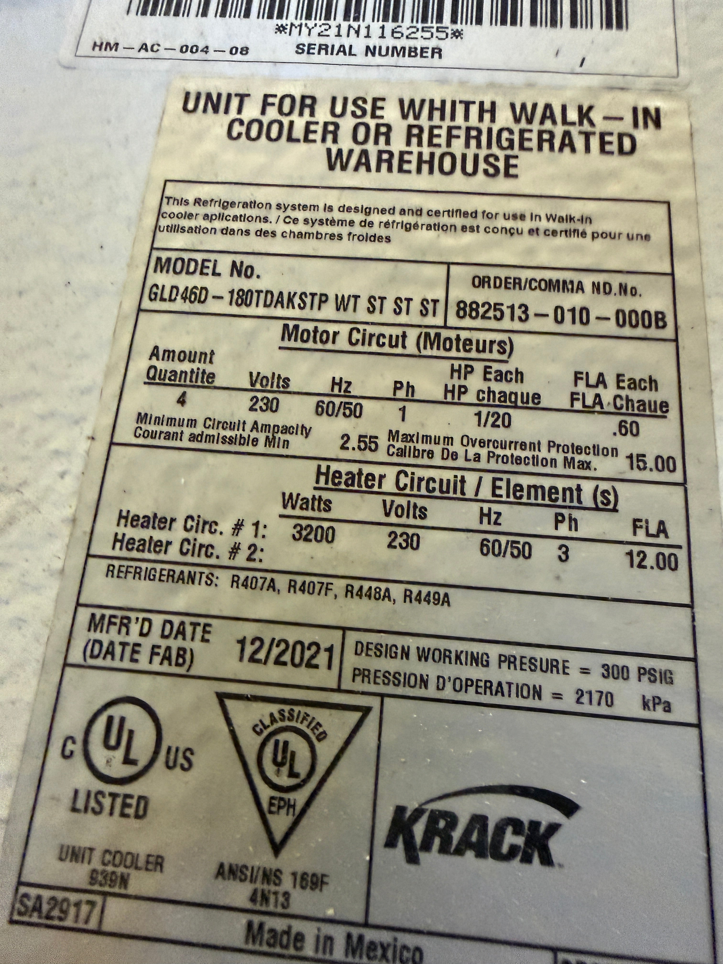 NEW 2021 Four Fan Low Velocity Air Cooler, Coil | Hussman Krack | M# GLD46D | 230 Volt triple phase