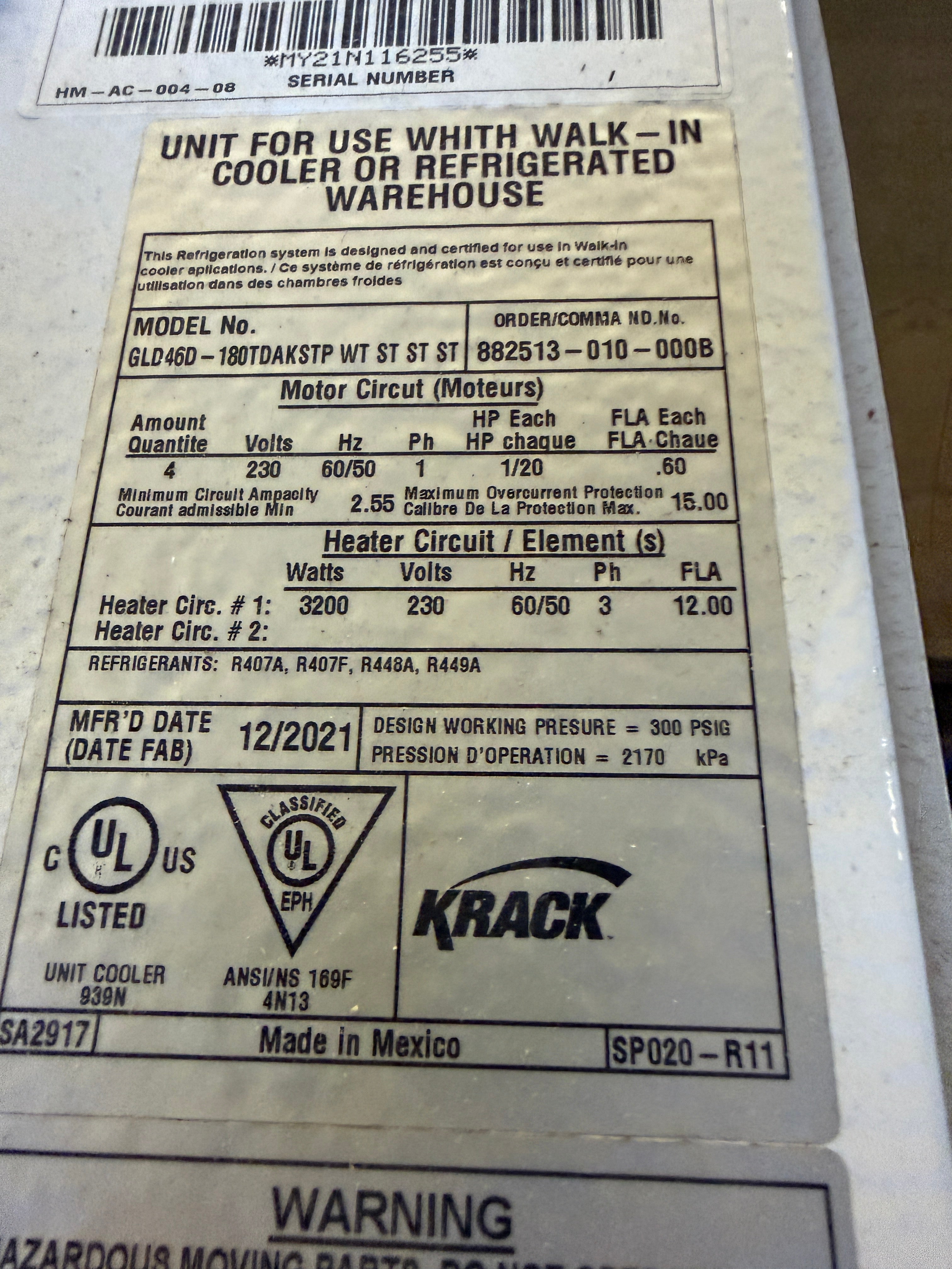 NEW 2021 Four Fan Low Velocity Air Cooler, Coil | Hussman Krack | M# GLD46D | 230 Volt triple phase
