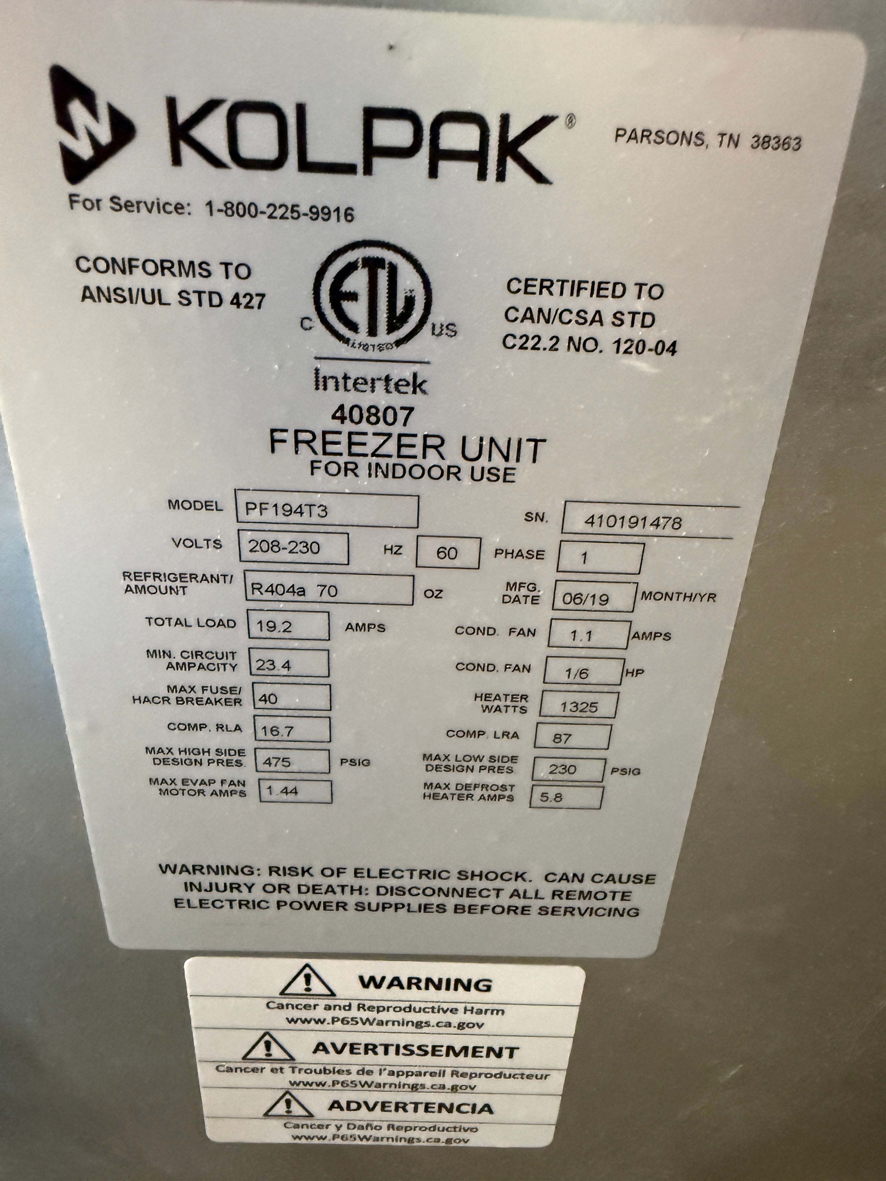 Self Contained Walk in Freezer | Kolpak | Model # PF194T3 | 208-230 Volt