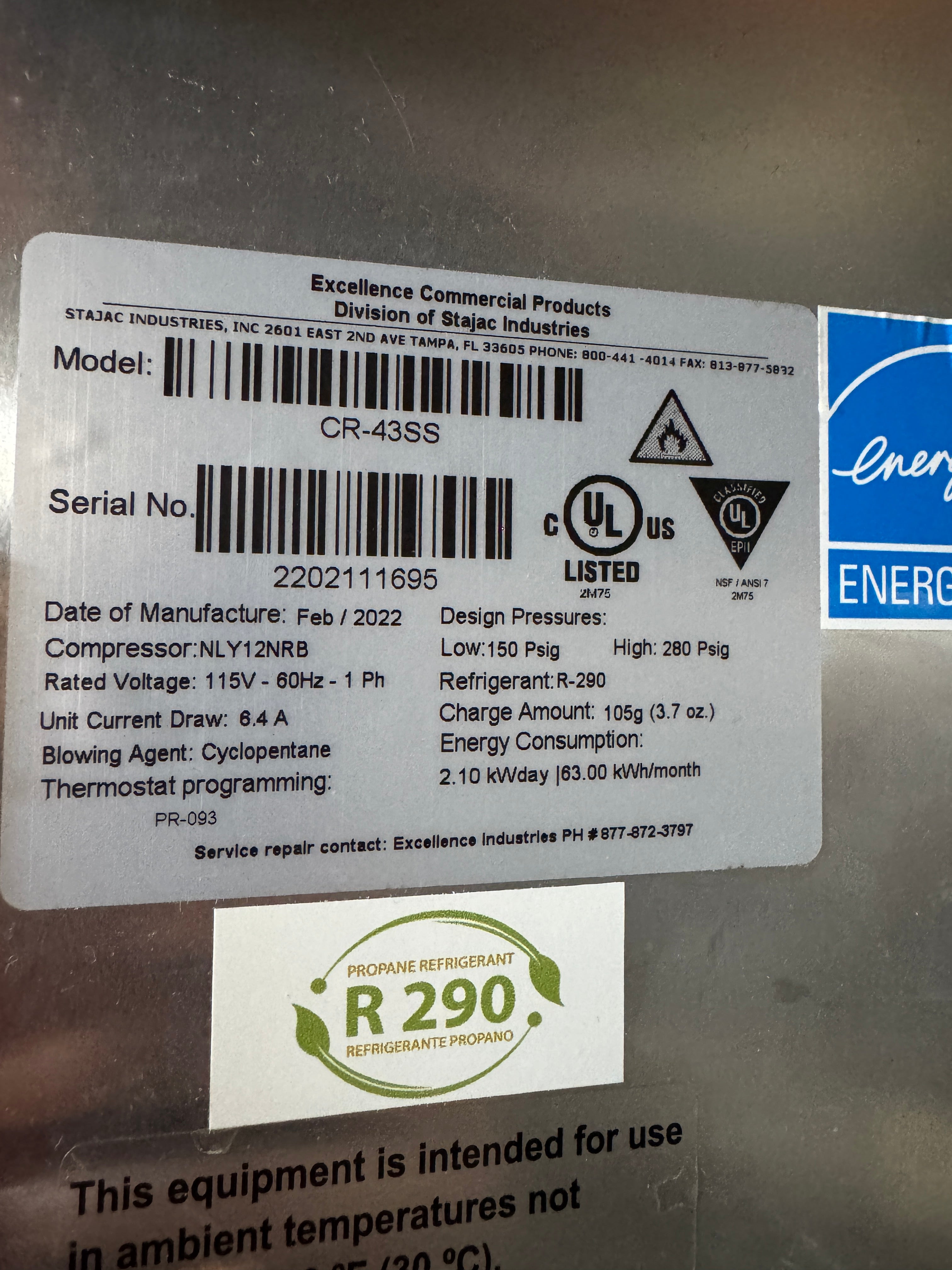 2022 Solid 2 Door Cooler | Excellence | Model # CR-43SS | 115 Volt