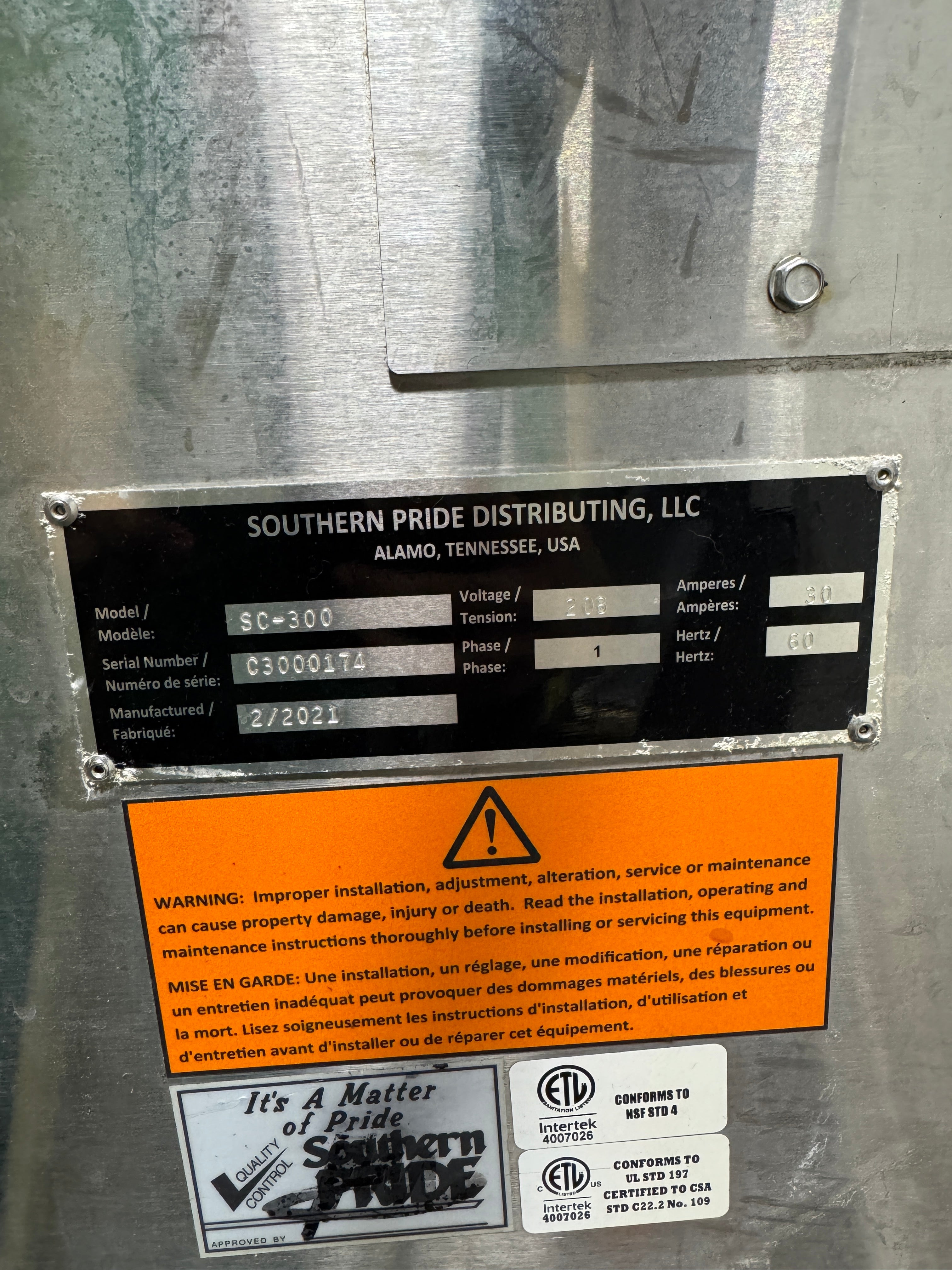 Stainless Steel Electric Smoker | Southern Pride | M# SC-300 | 208v