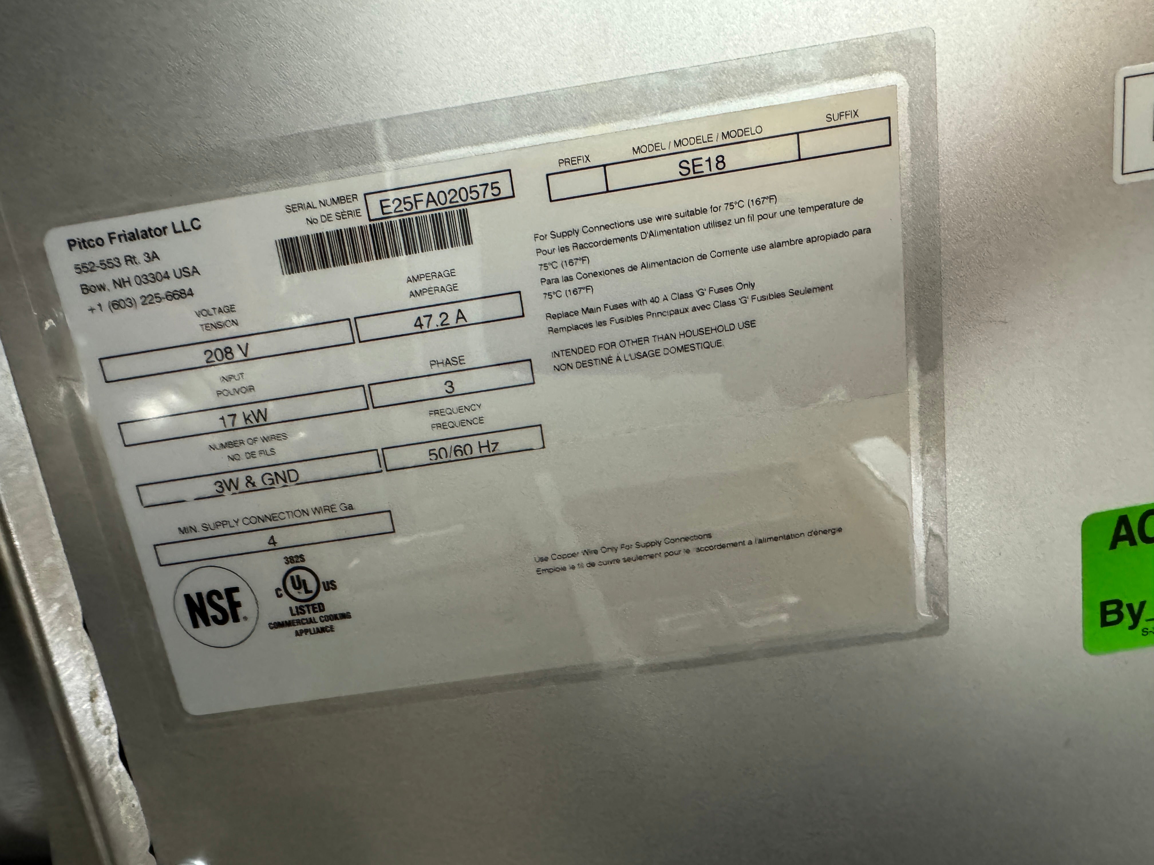 Electric Fryer 2 Vat Design | Pitco | Model # SE18 | 240 Volt 3 phase