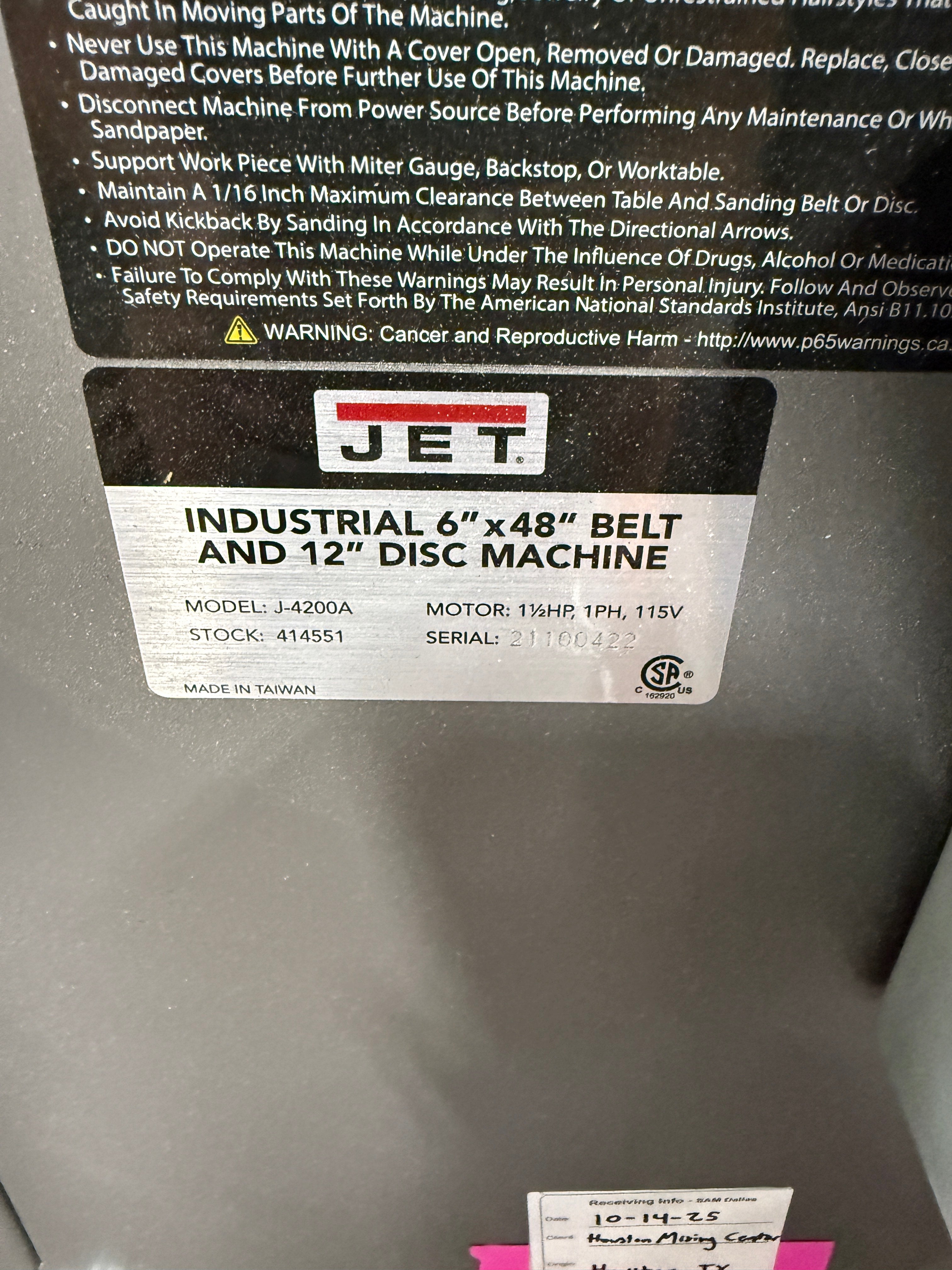 Belt Sander | Jet | Model # J-4200A | 120 Volt Single Phase Standard Outlet Plug