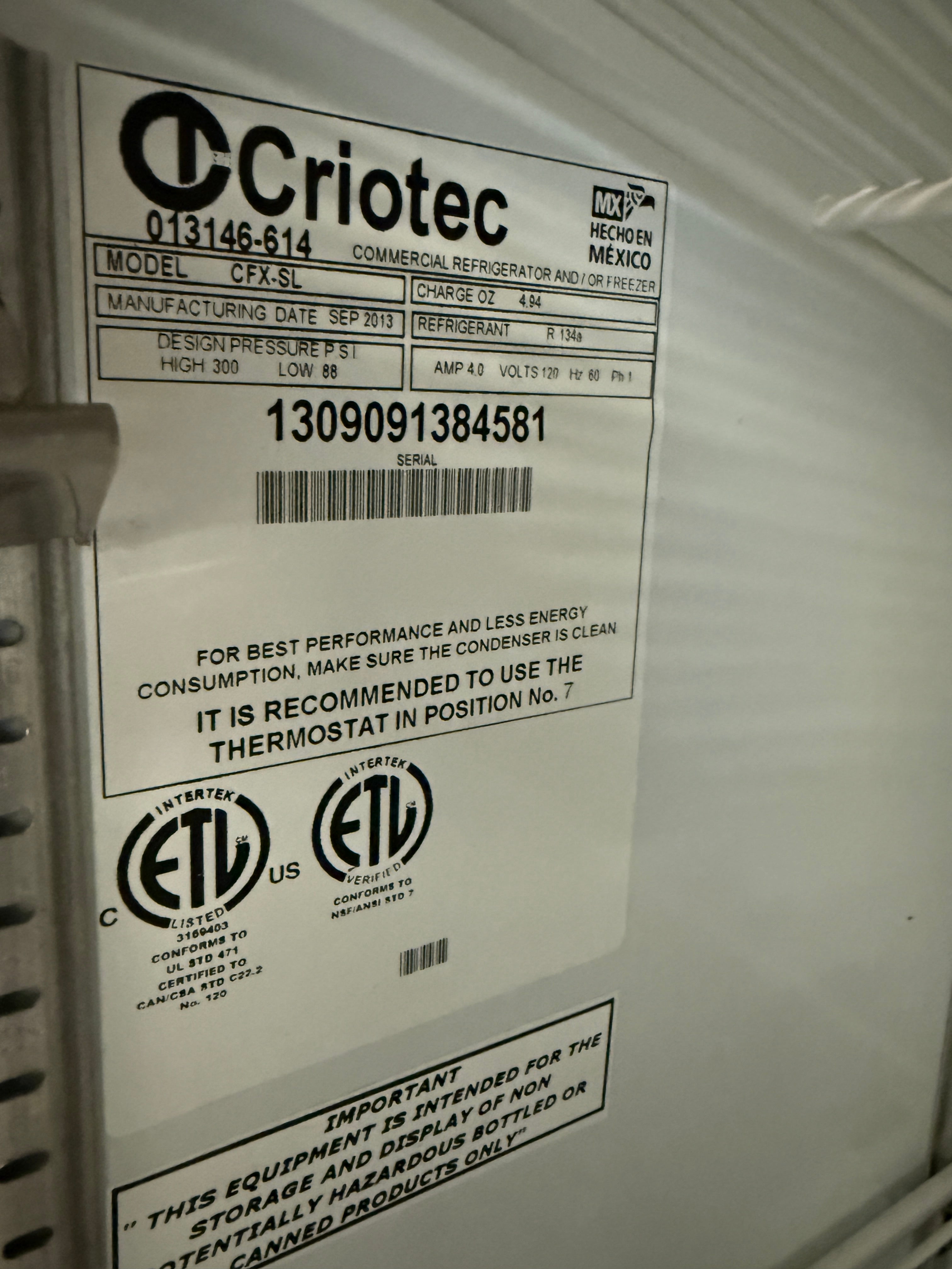 Cooler | Criotec | Model # CFX SL | 120 Volt single phase