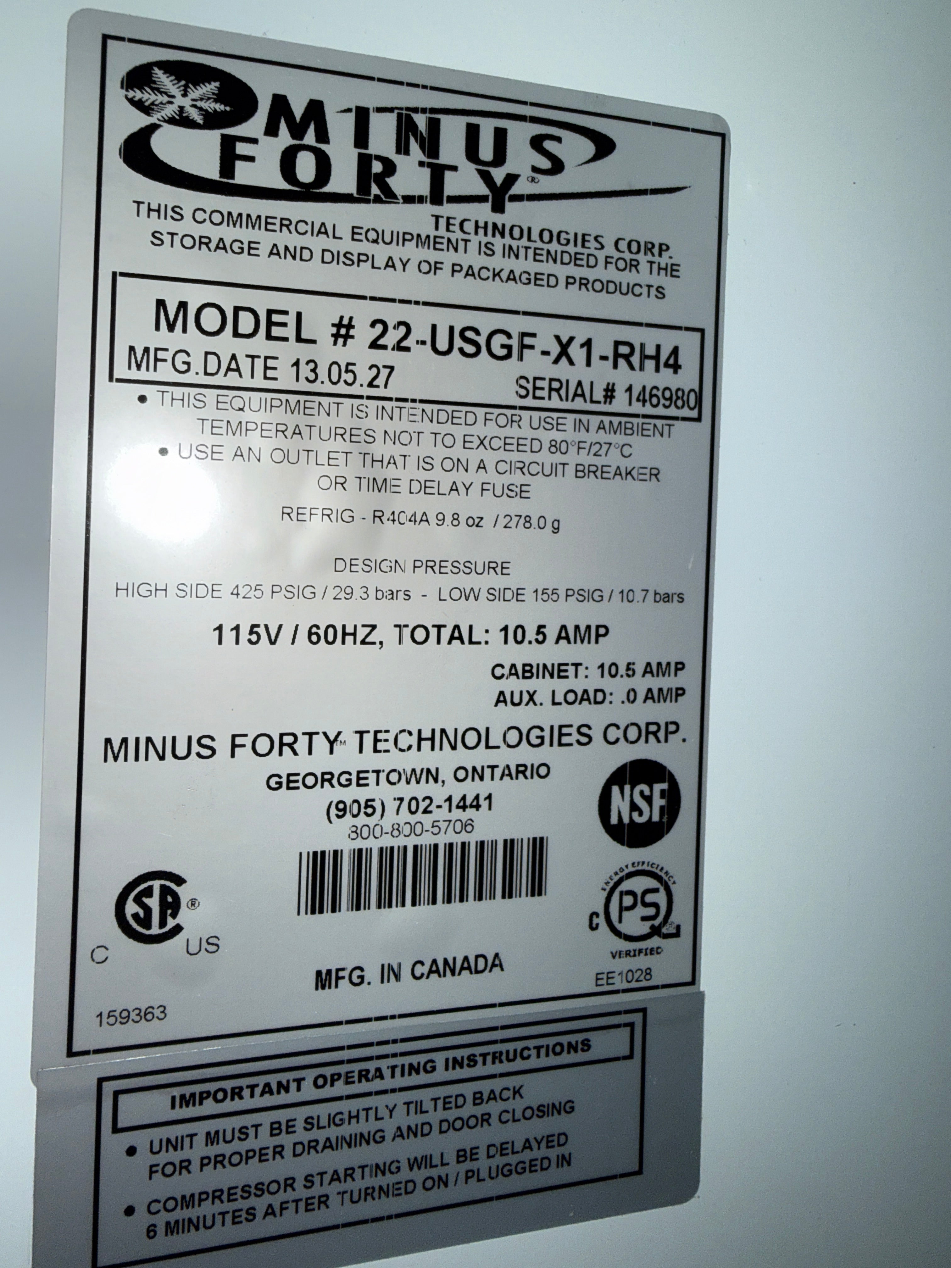 Freezer | Minus Forty | Model # 22-USGF-X1-RH4 | 120 Volt single phase