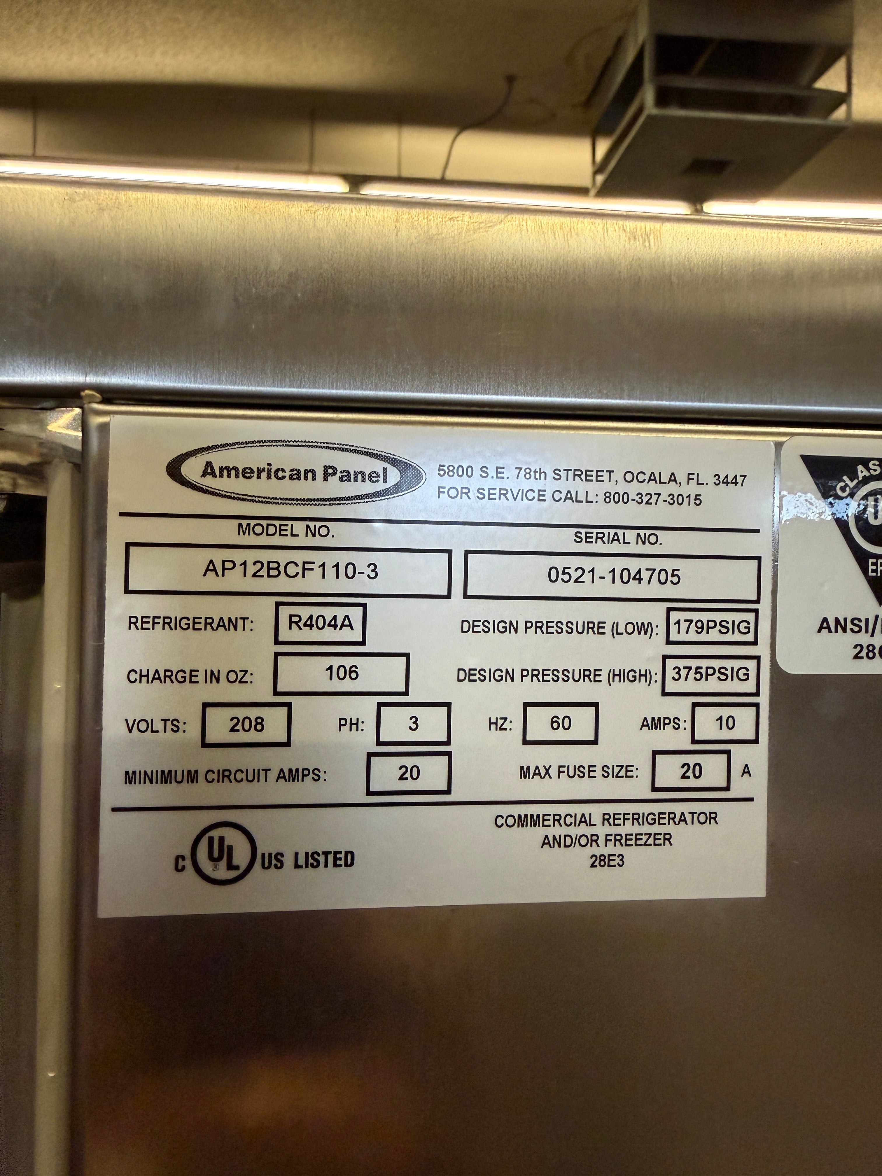 Blast Chiller | American Panel | Model # AP12BCF110-3 | 240 Volt 3 Phase