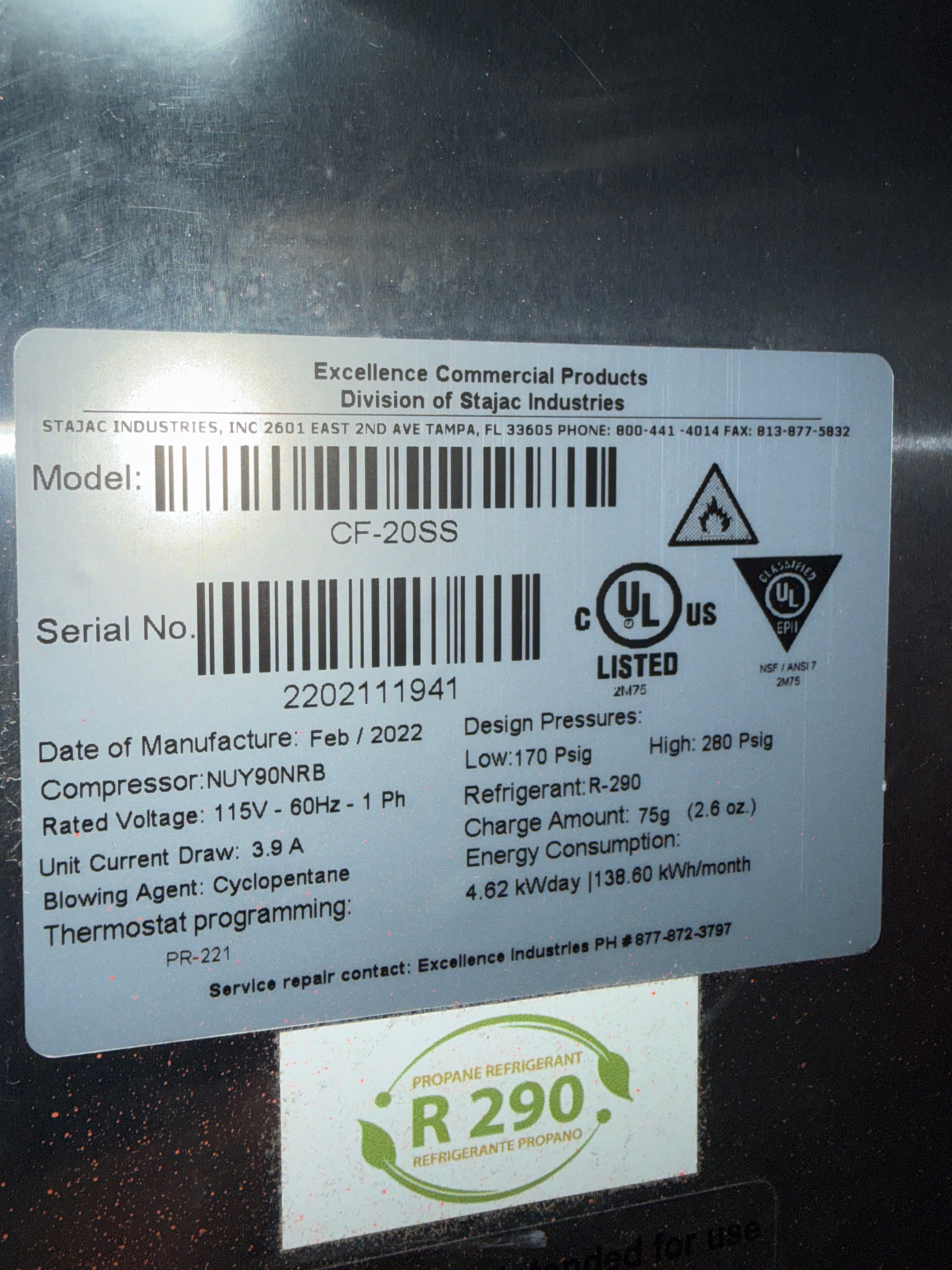 Reach in Freezer | Excellence | Model # CR-20SS | 120 Volt single phase