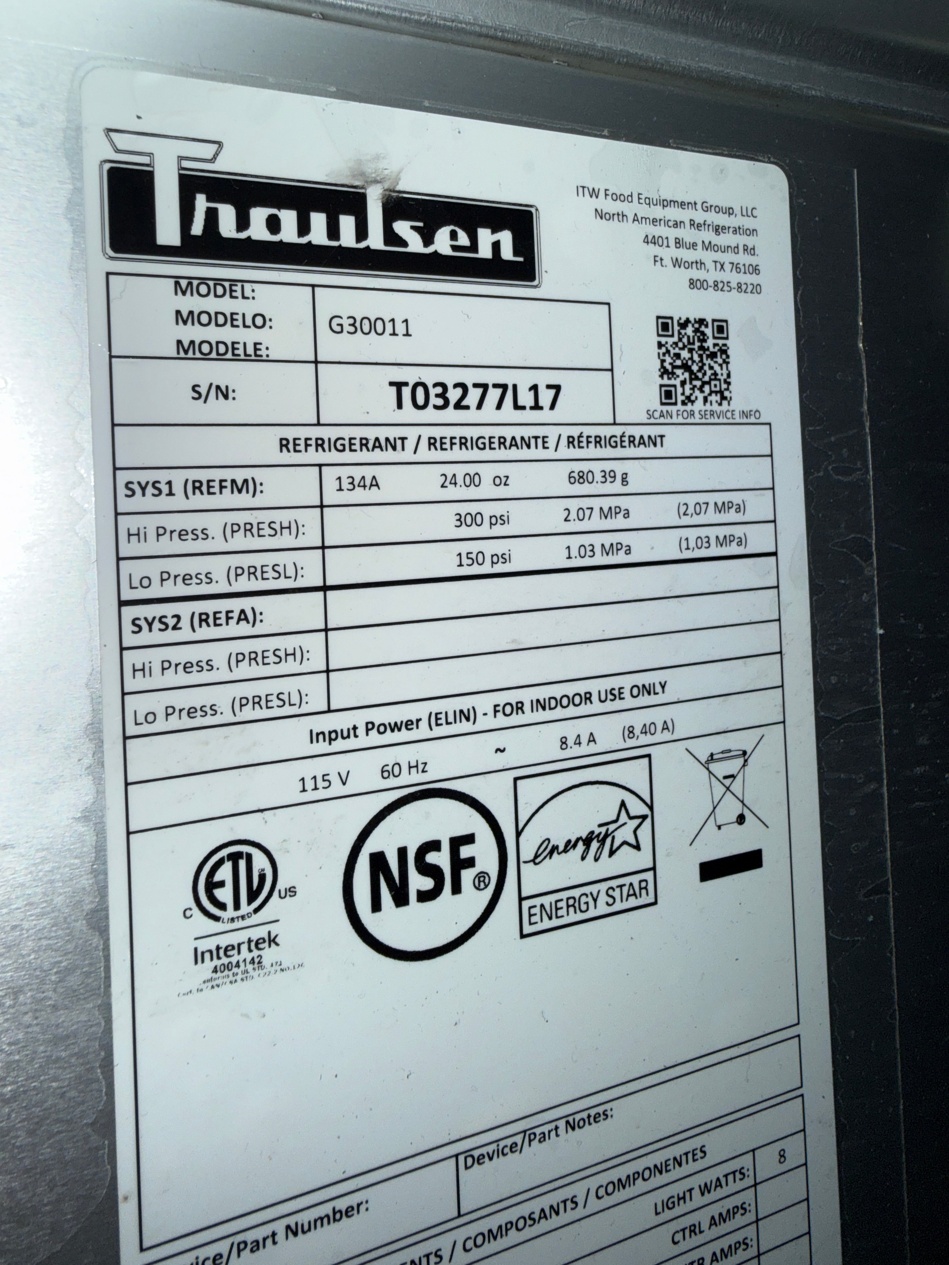 3 Section Reach in Cooler | Traulsen | Model # G30011 | 120 Volt single phase