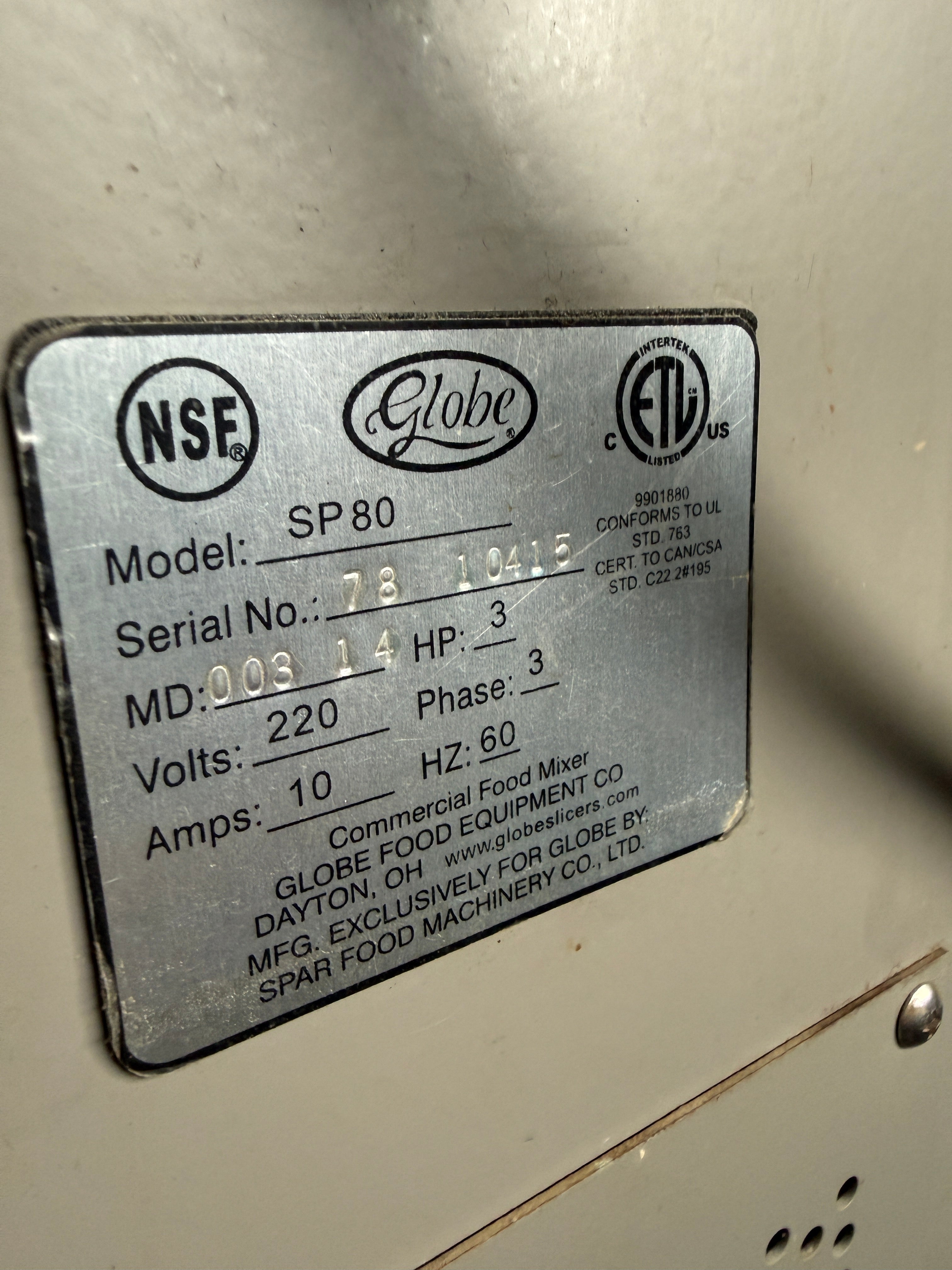 80qt Planetary Mixer | Globe | Model # SP80 | 240 Volt 3 phase