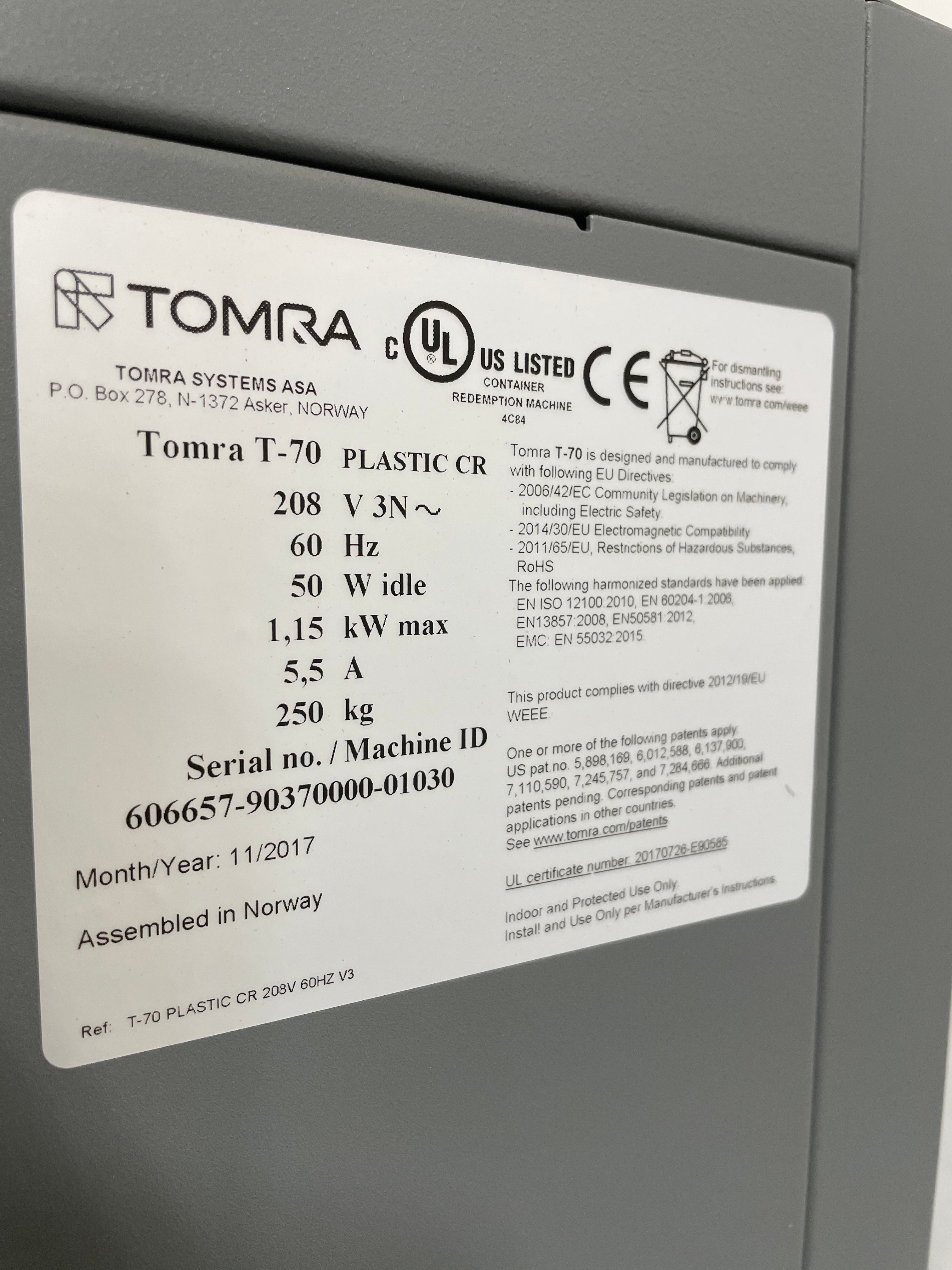 Single Recycling | Tomra | Model # T-70 | 208 Volt