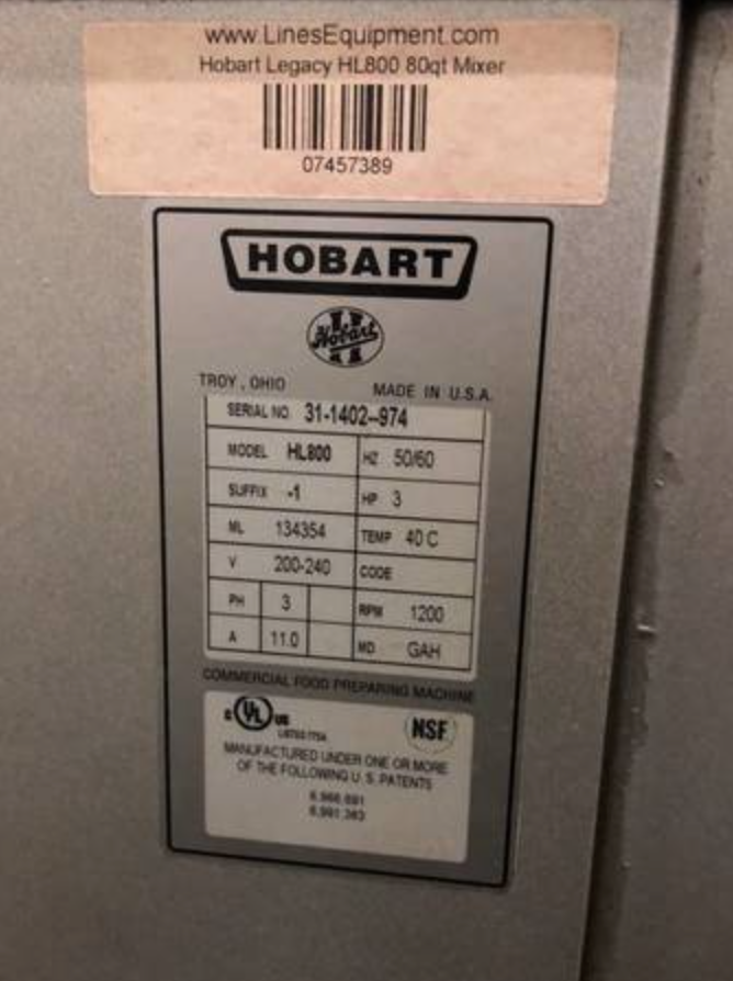 80QT Planetary Mixer | Hobart | Model # HL800 | 200-240b Volt