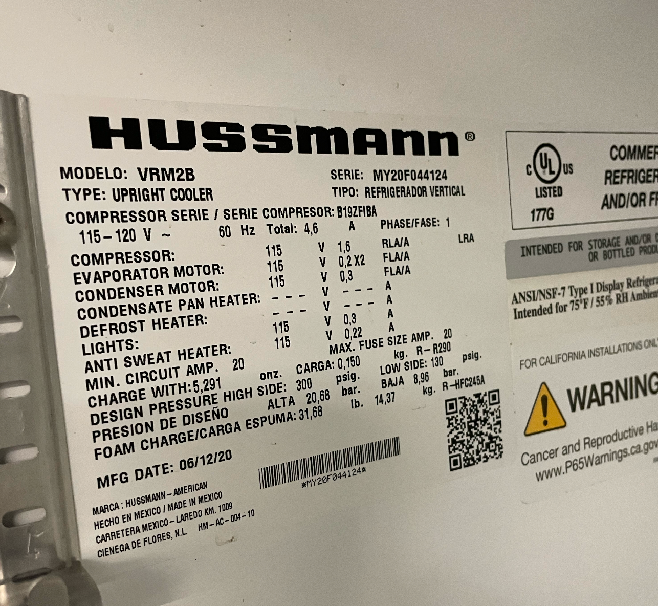 2 Door Glass Cooler | Hussmann | Model # VRM2B | 115-120 Volt