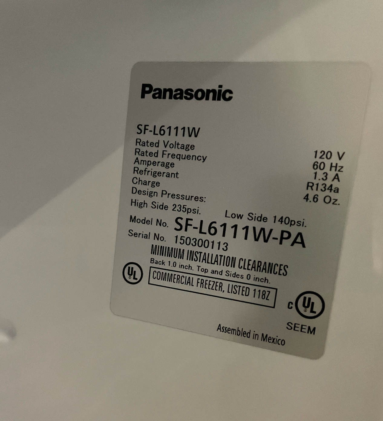 **NEW**  Medical Commercial Freezer | Panasonic | Model # SF-L6111W-PA | 120 Volts