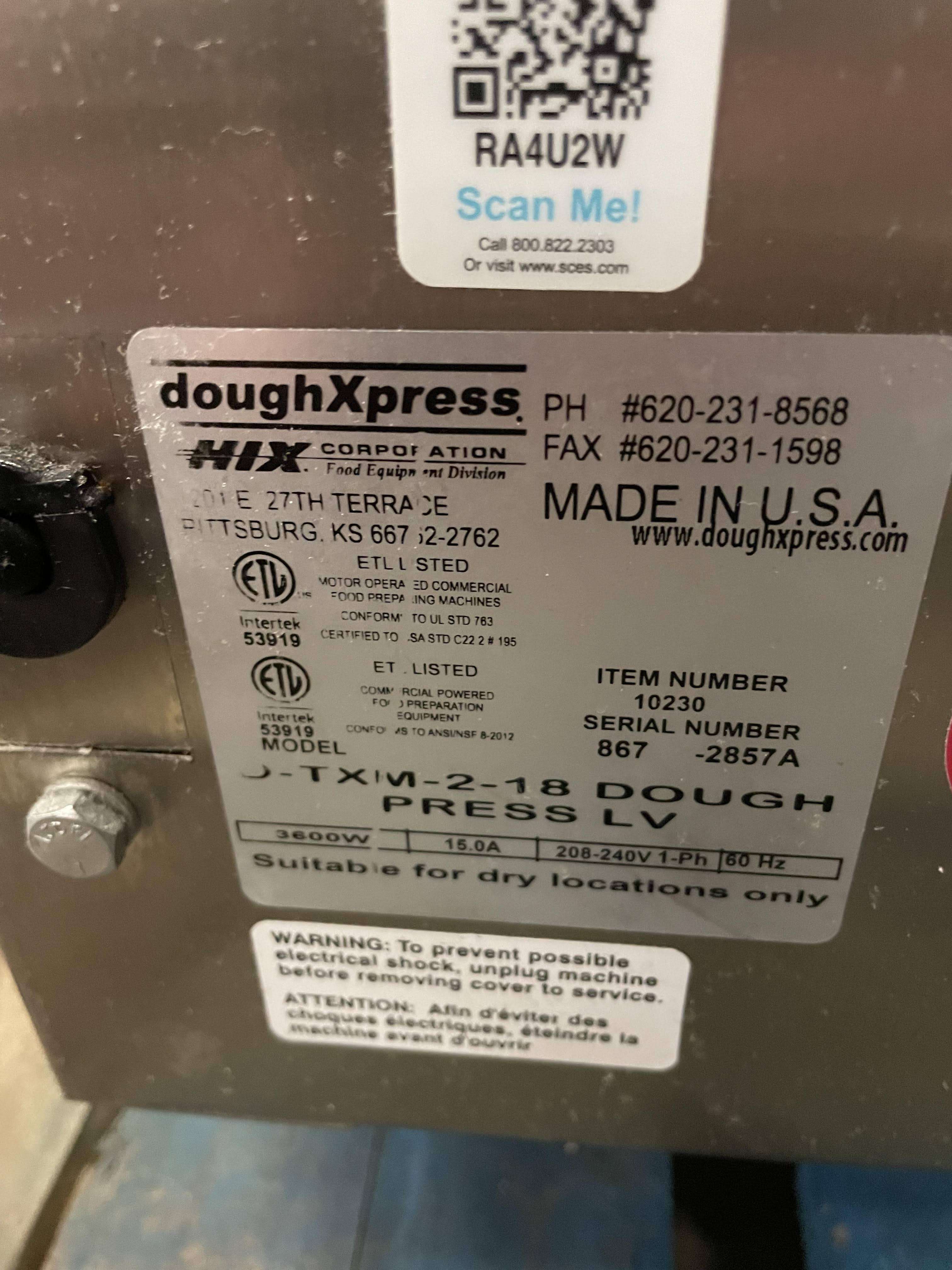 Dough Press Tortilla and Pizza| Hix DoughXpress | Model # D-TXM-2-18 | 208-240 Volt