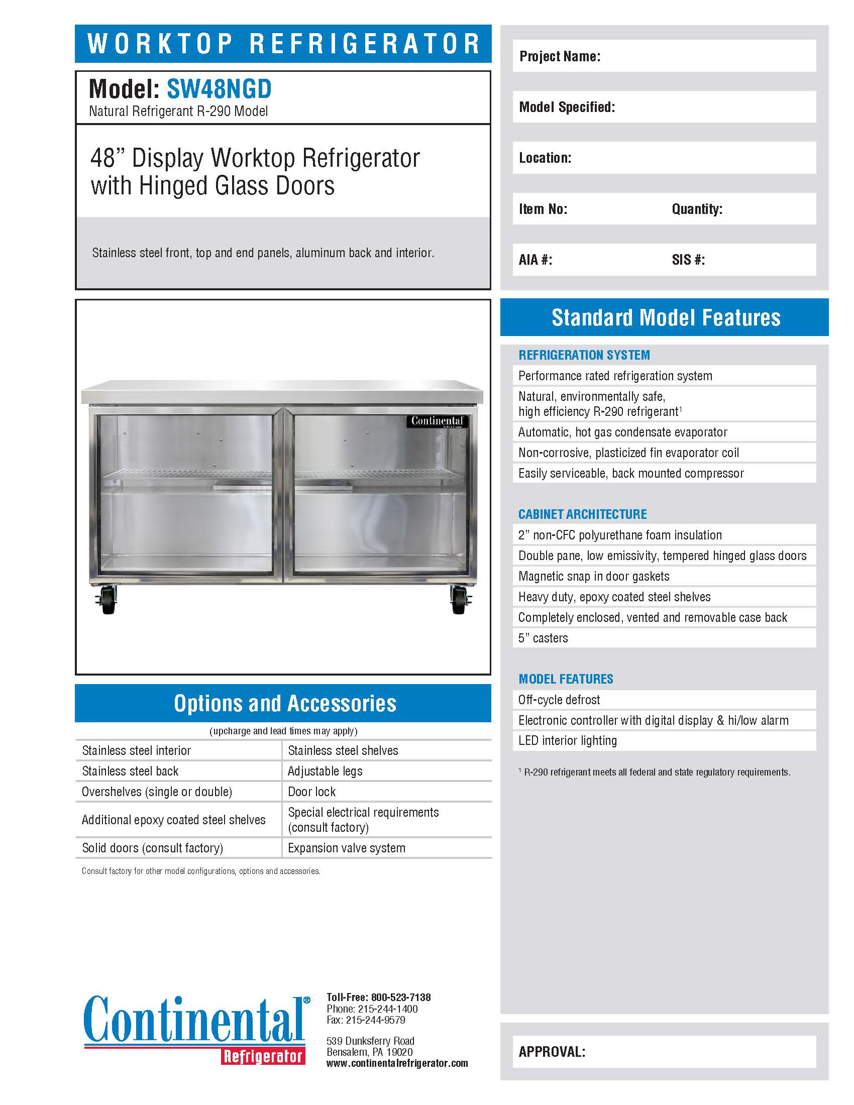 Display Worktop Refrigerator with Hinged Glass Doors | Continental Refrigerator | Model # SW48-SGD | Ser # 15779579 | 115 Volt