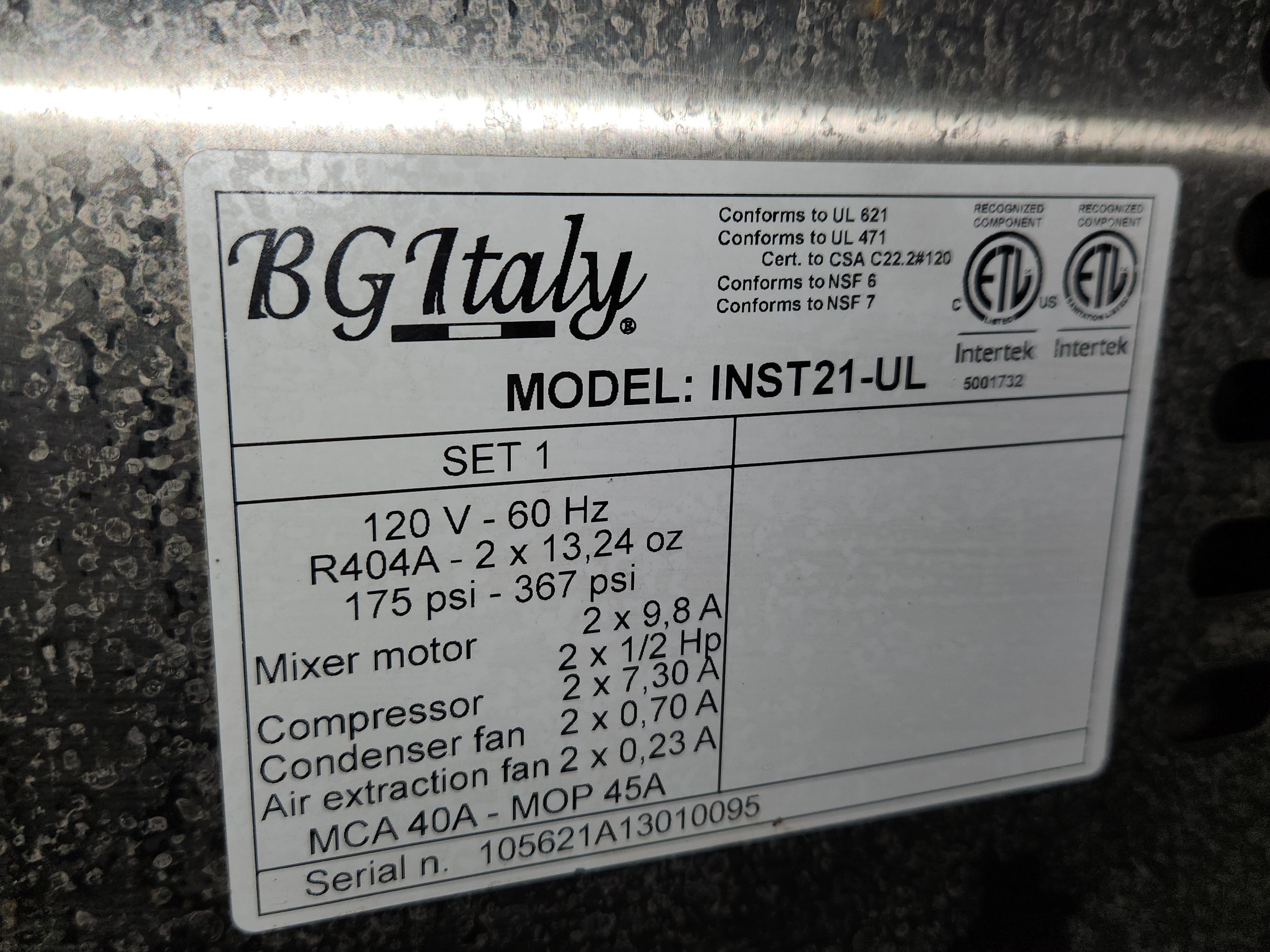 Gelato Machine | BG Italy | Model # 1NST21-11 | 110 Volt