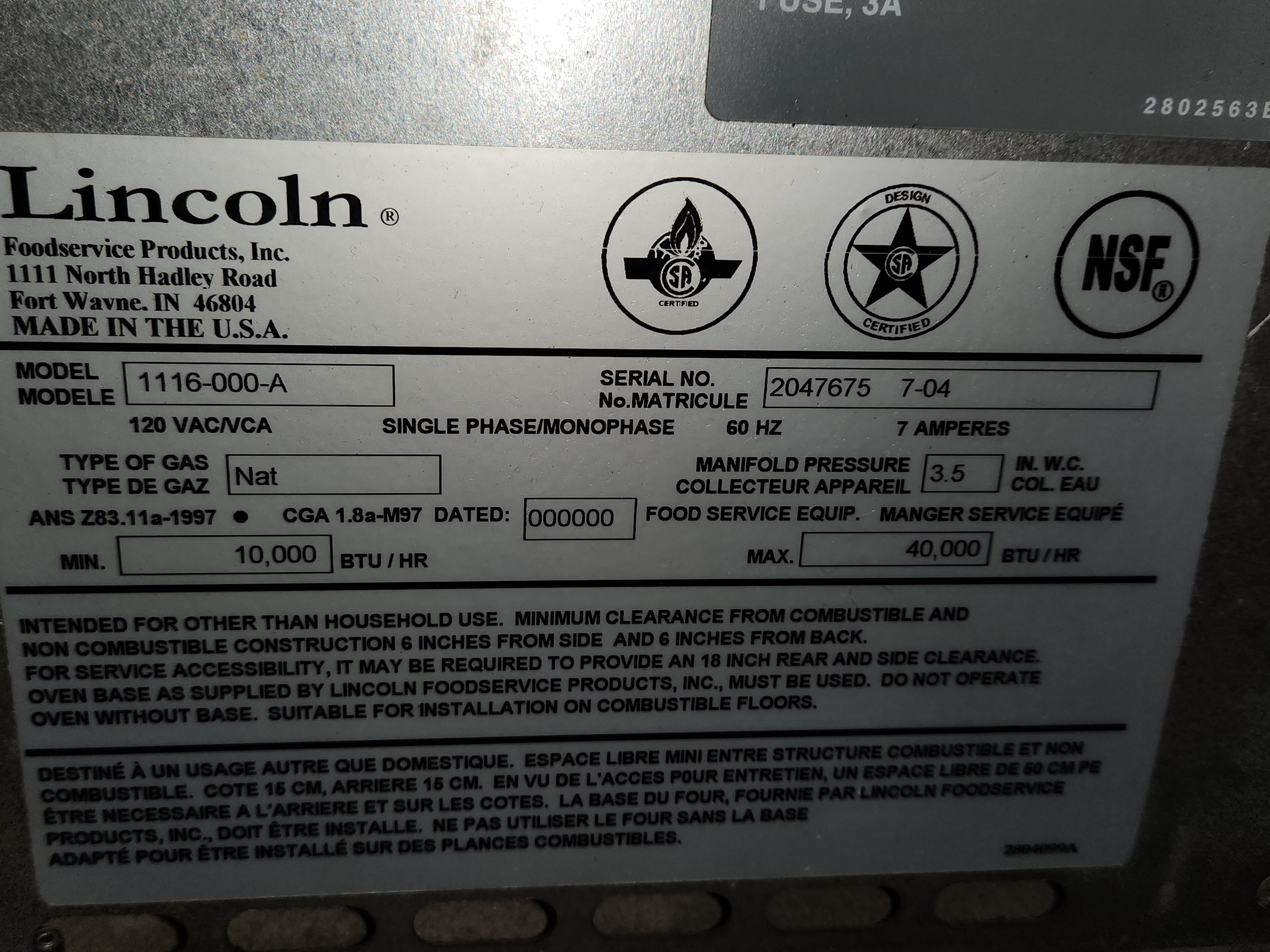 Oven | Lincoln | Model # 1116-000-A | 120 Volt and Gas