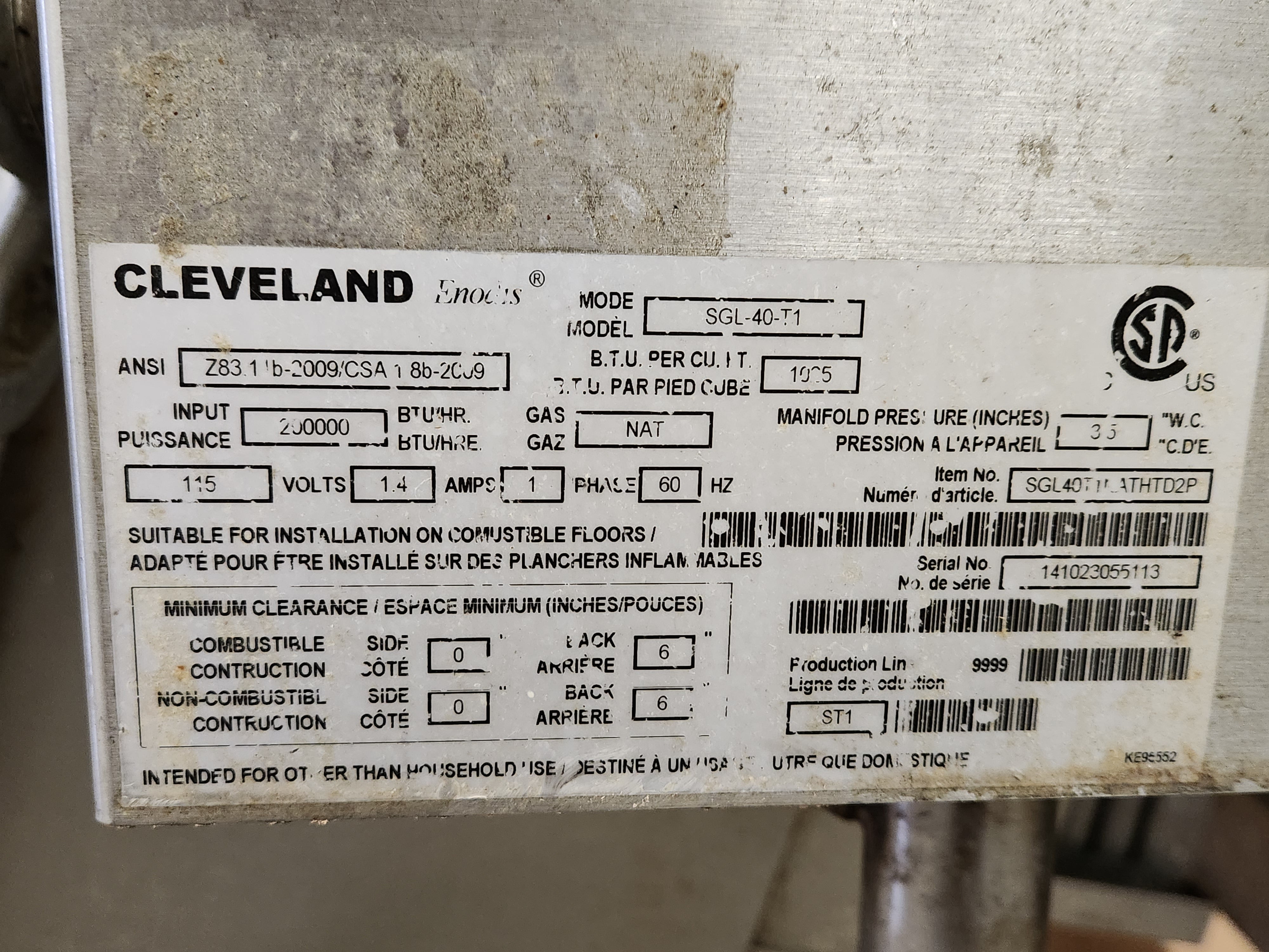 40 Gallon PowerPan Open Base Tilt Skillet | Cleveland | Model # SGL-40-T1  | Ser # 141023055113 | 115 Volt | 200,000 BTU GAS