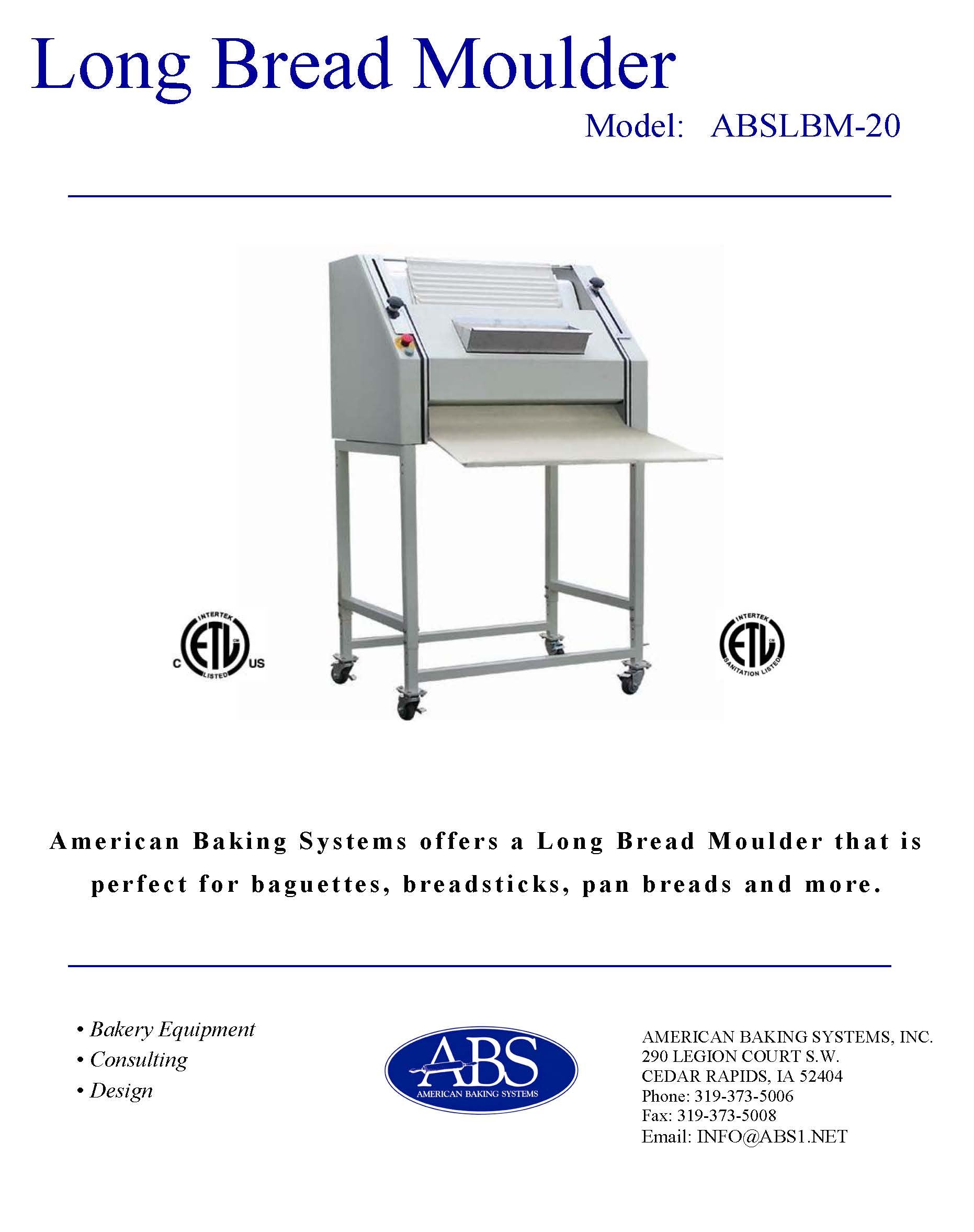 Baguette Moulder | American Baking Systems| Model # SM380 | 220 Volt