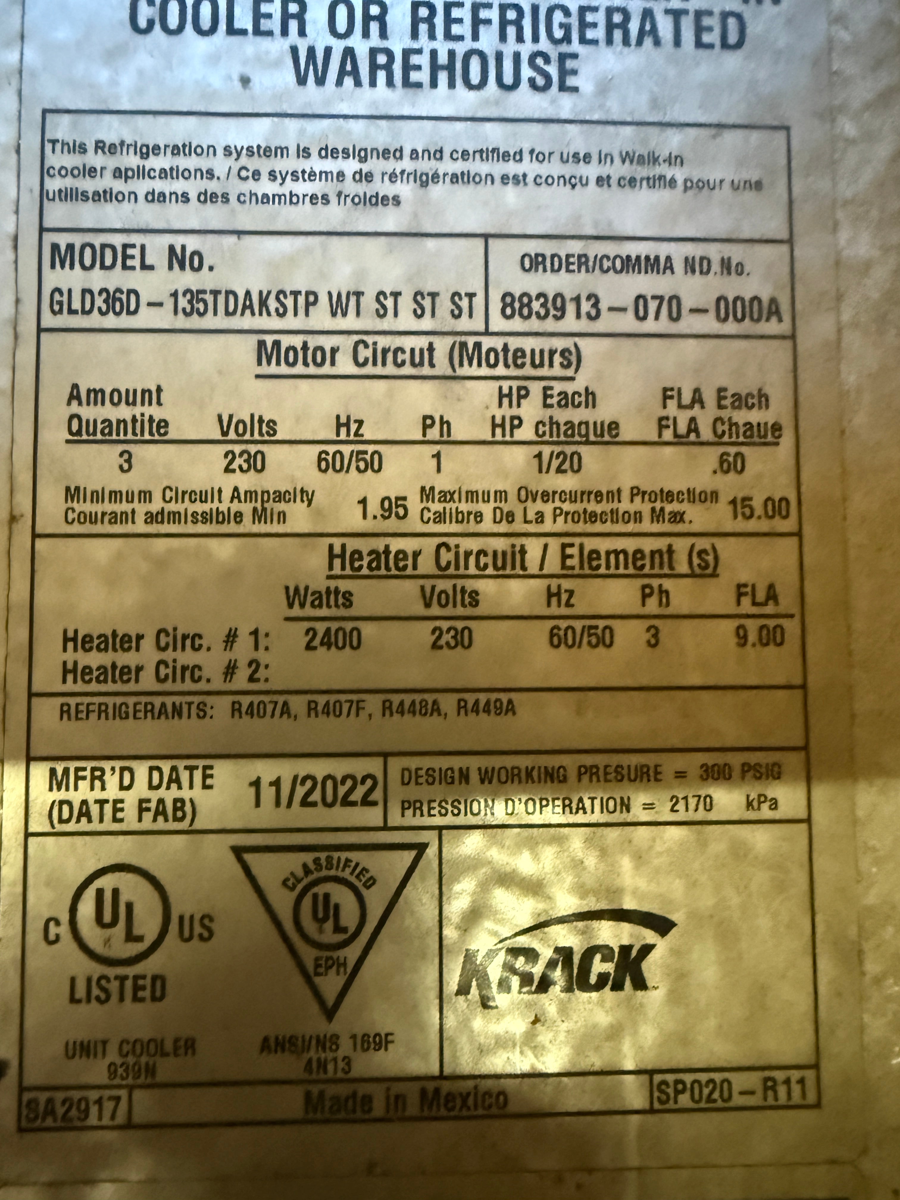 NEW 2022 Three Fan Low Velocity Air Cooler, Coil | Hussman Krack | Model # GLD36D | 230 Volt triple phase (Copy)