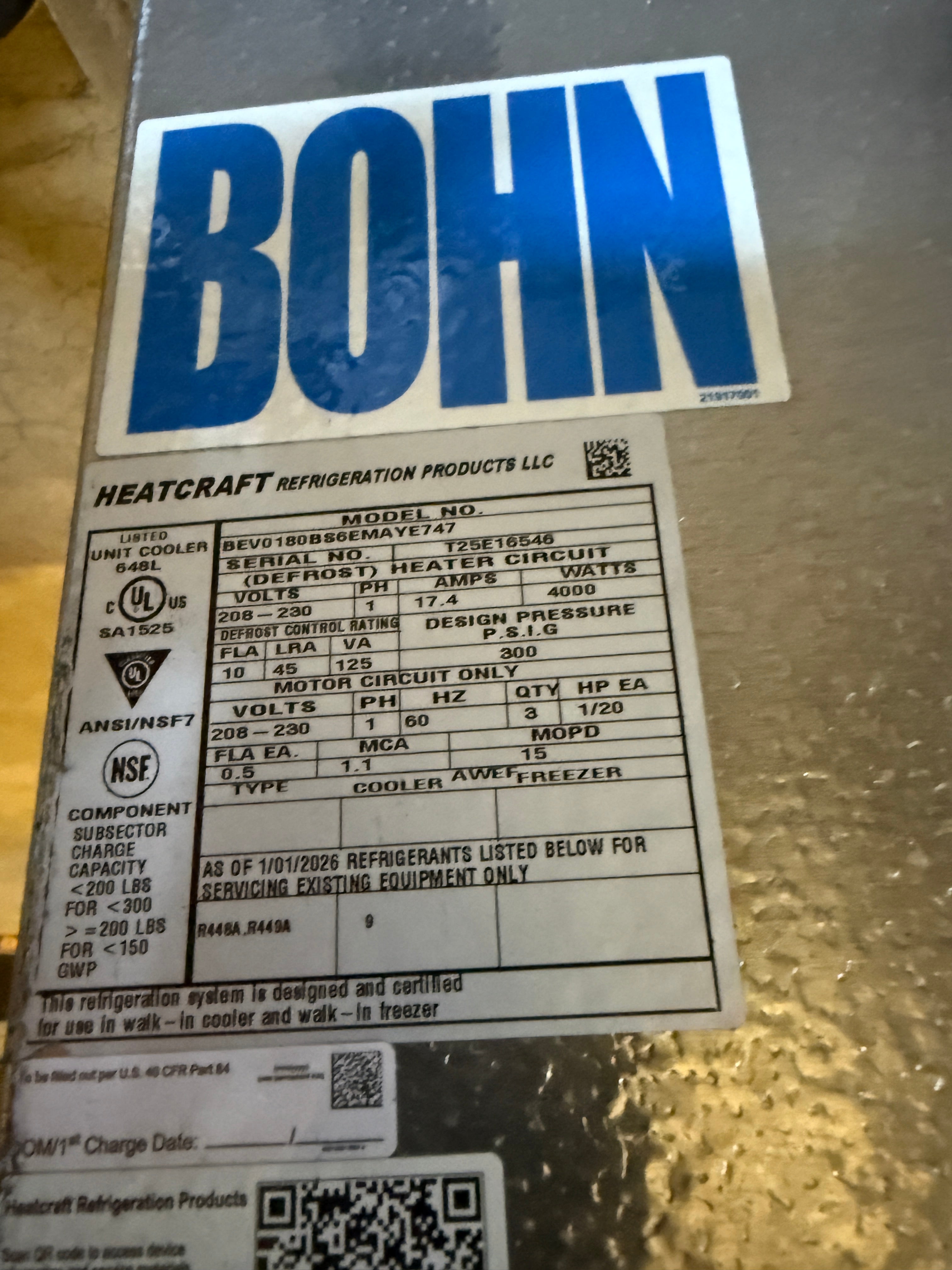 NEW Low Velocity Center Mount Evaporator Coil | Bohn | 208-230 Volt Single Phase