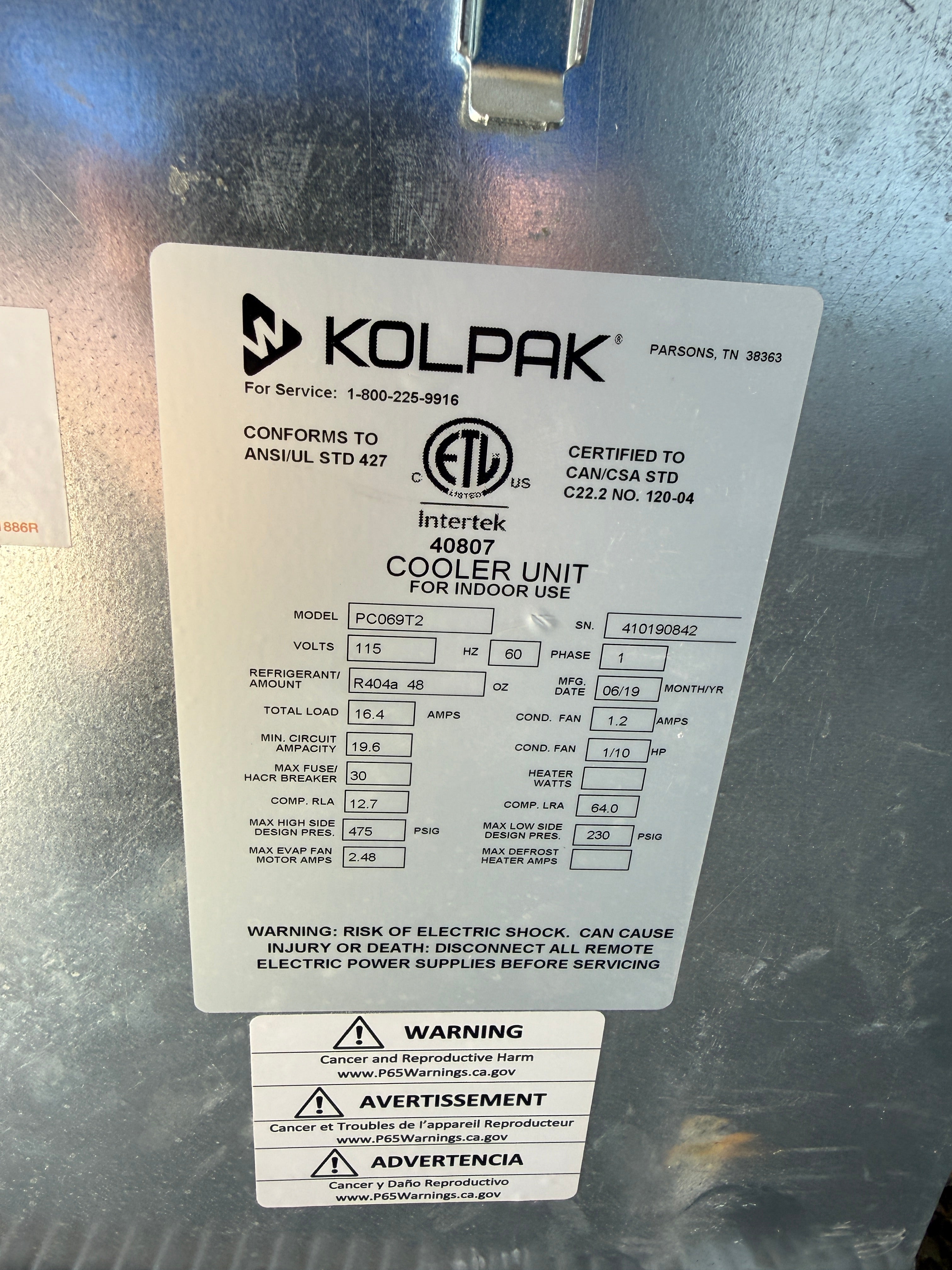 Self Contained Walk in Freezer | Kolpak | Model # PC069T2 | 208-230 Volt