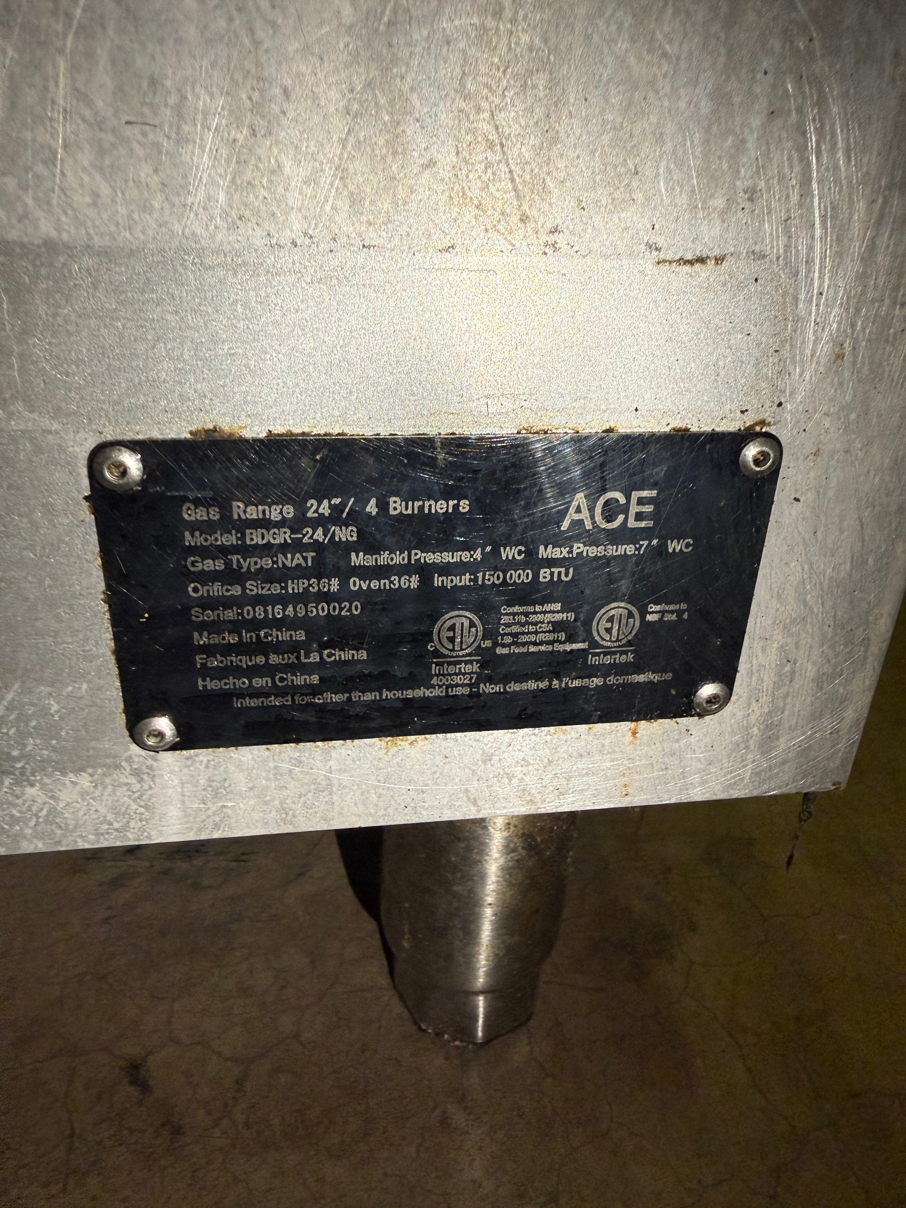 4 Burner Gas Range w/ Standard Oven | ACE | Model # BDGR-24 | Propane