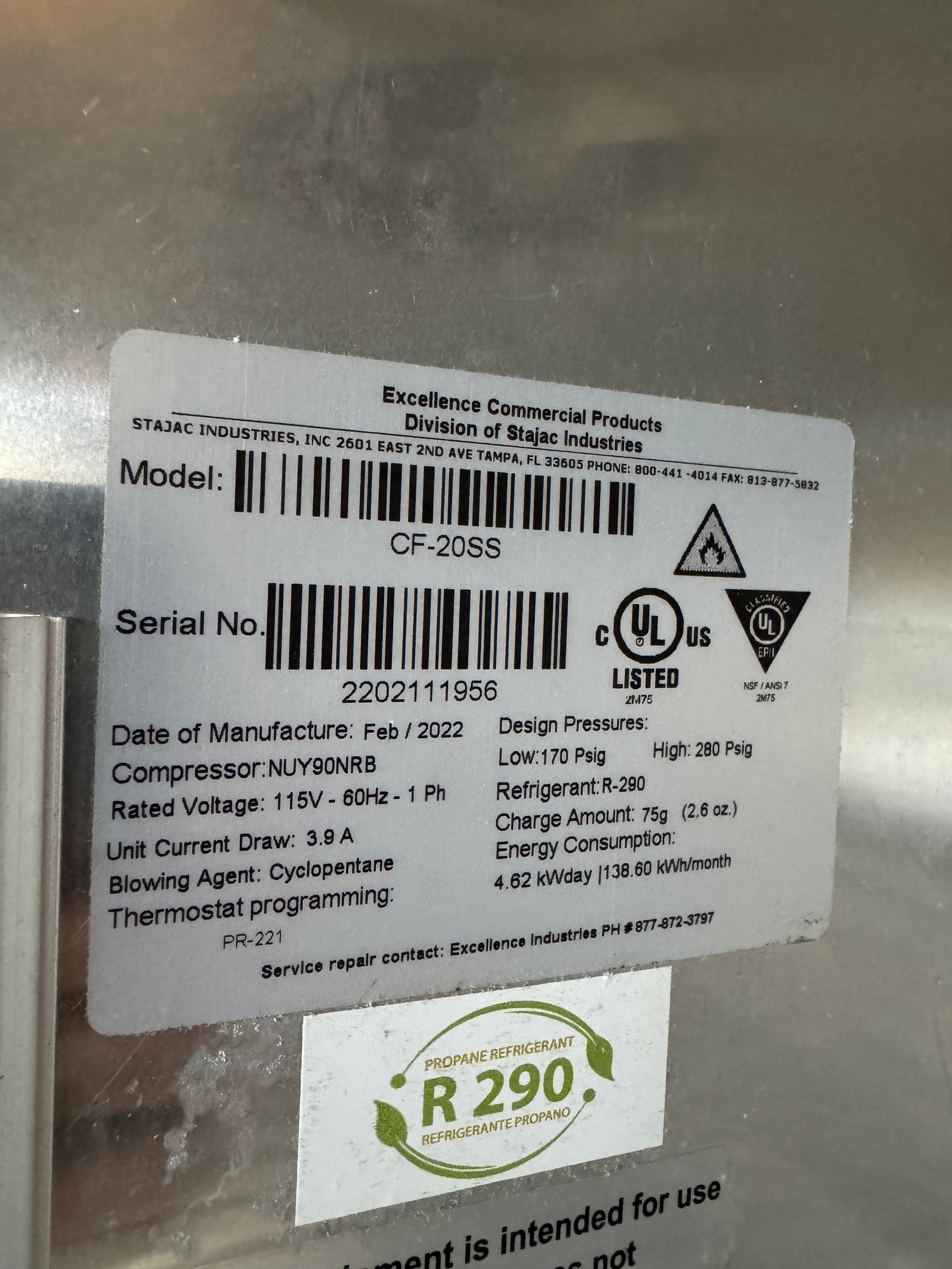 2022 Solid Door Freezer | Excellence | Model # CF-20SS | 115 Volt