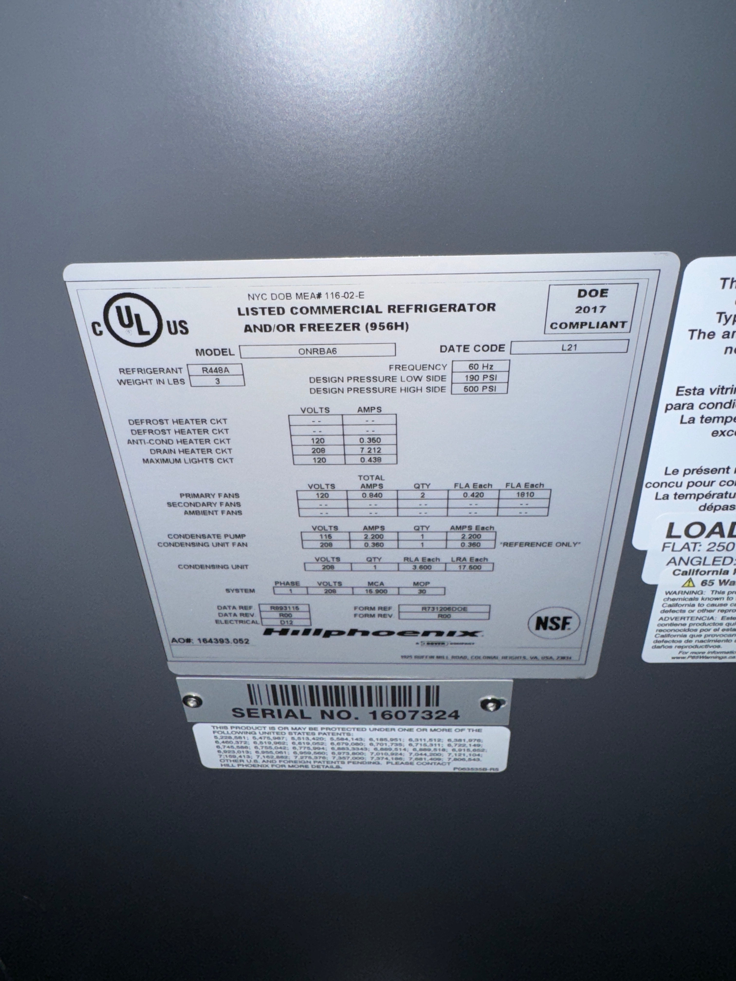 Refrigerator / Freezer | Hillphoenix | Model # ONRBA6 | 208 Volt