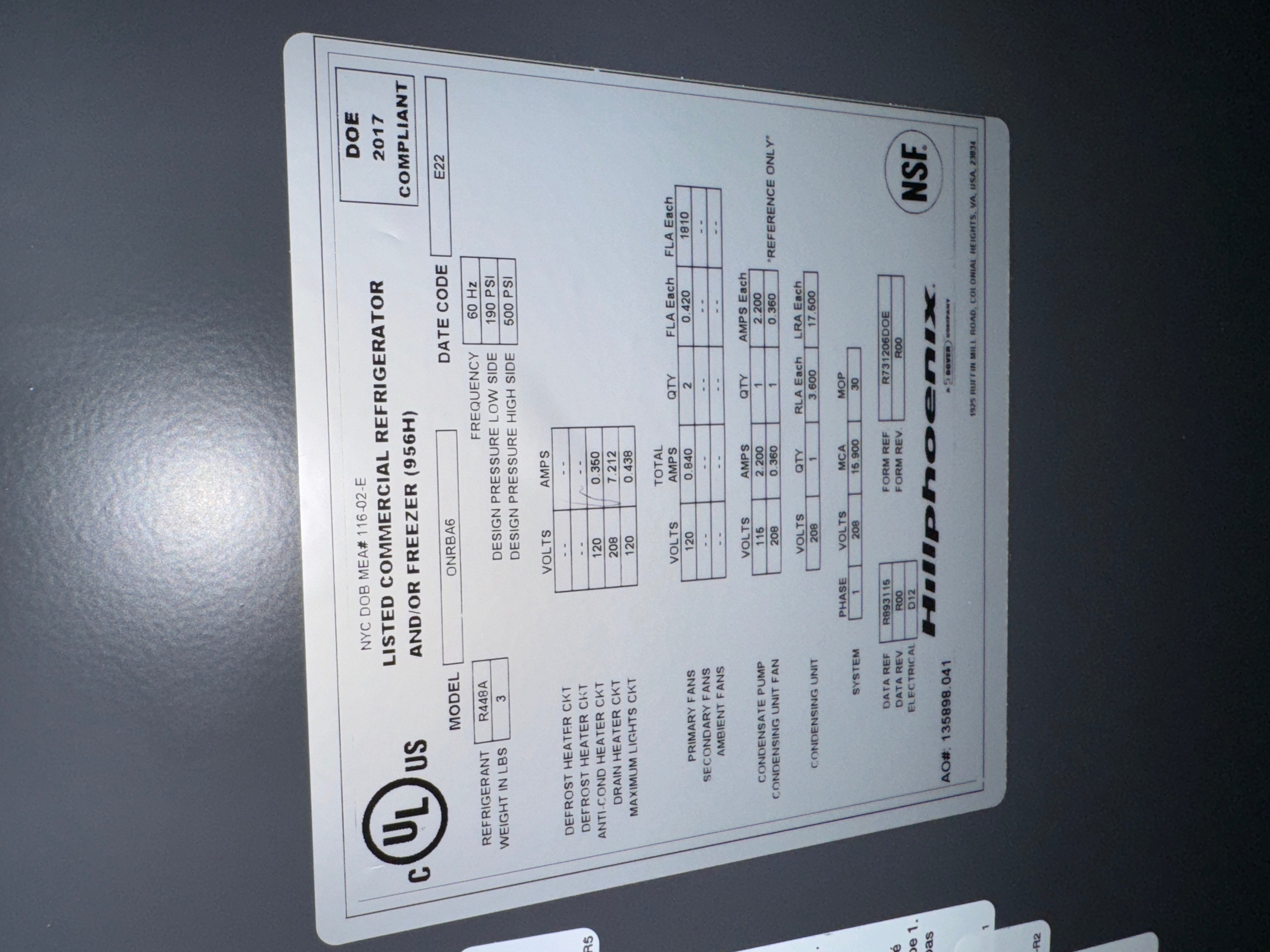 Refrigerator / Freezer | Hillphoenix | Model # ONRBA6 | 208 Volt