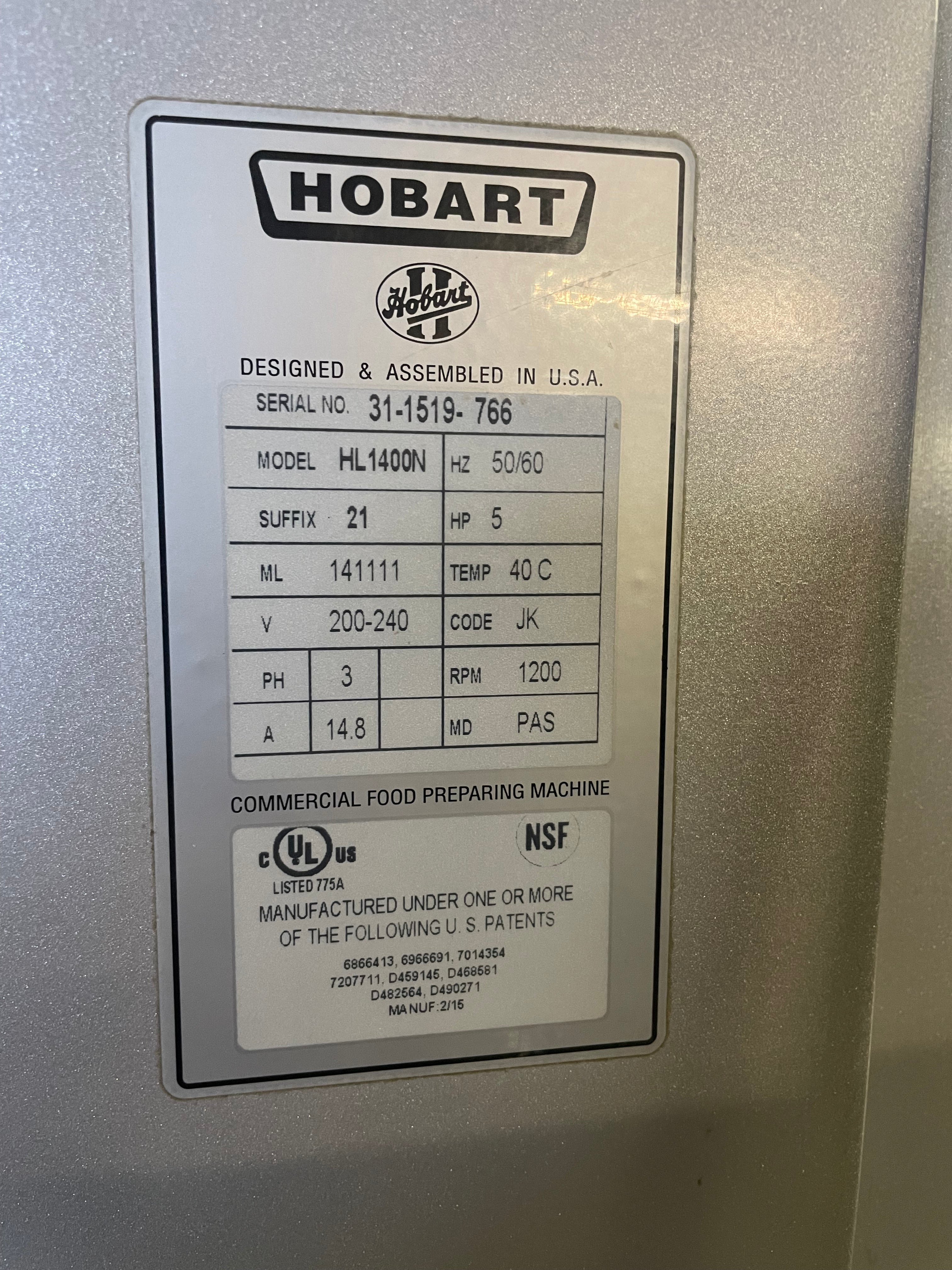 Planetary Mixer 140QT(2016)| Hobart | Model # HL1400N | 200/240 Volts