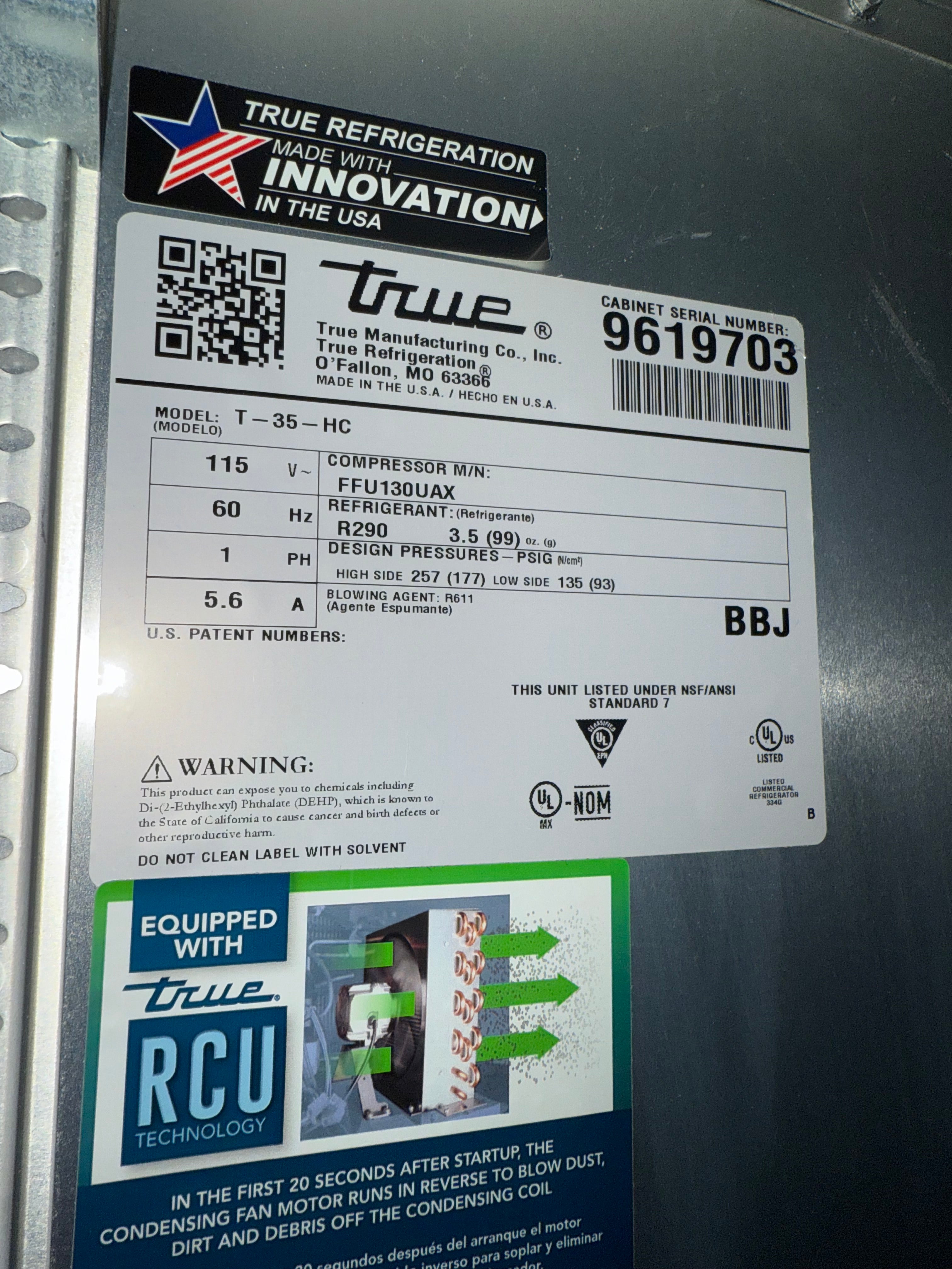 Refrigerator | True | Model # T-35-HC | 115 Volt