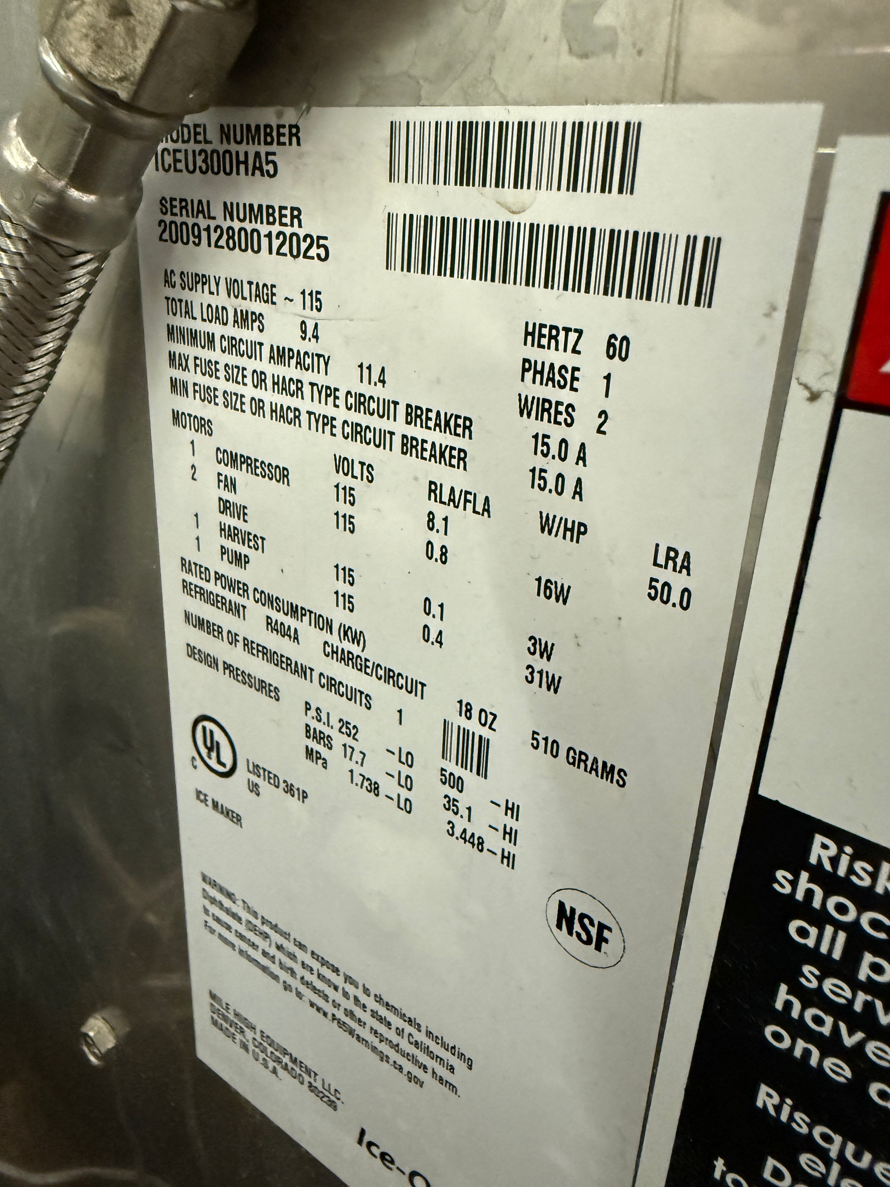 Ice Maker } Ice-O-Matic | Model # ICEU300HA5 | 115 Volt