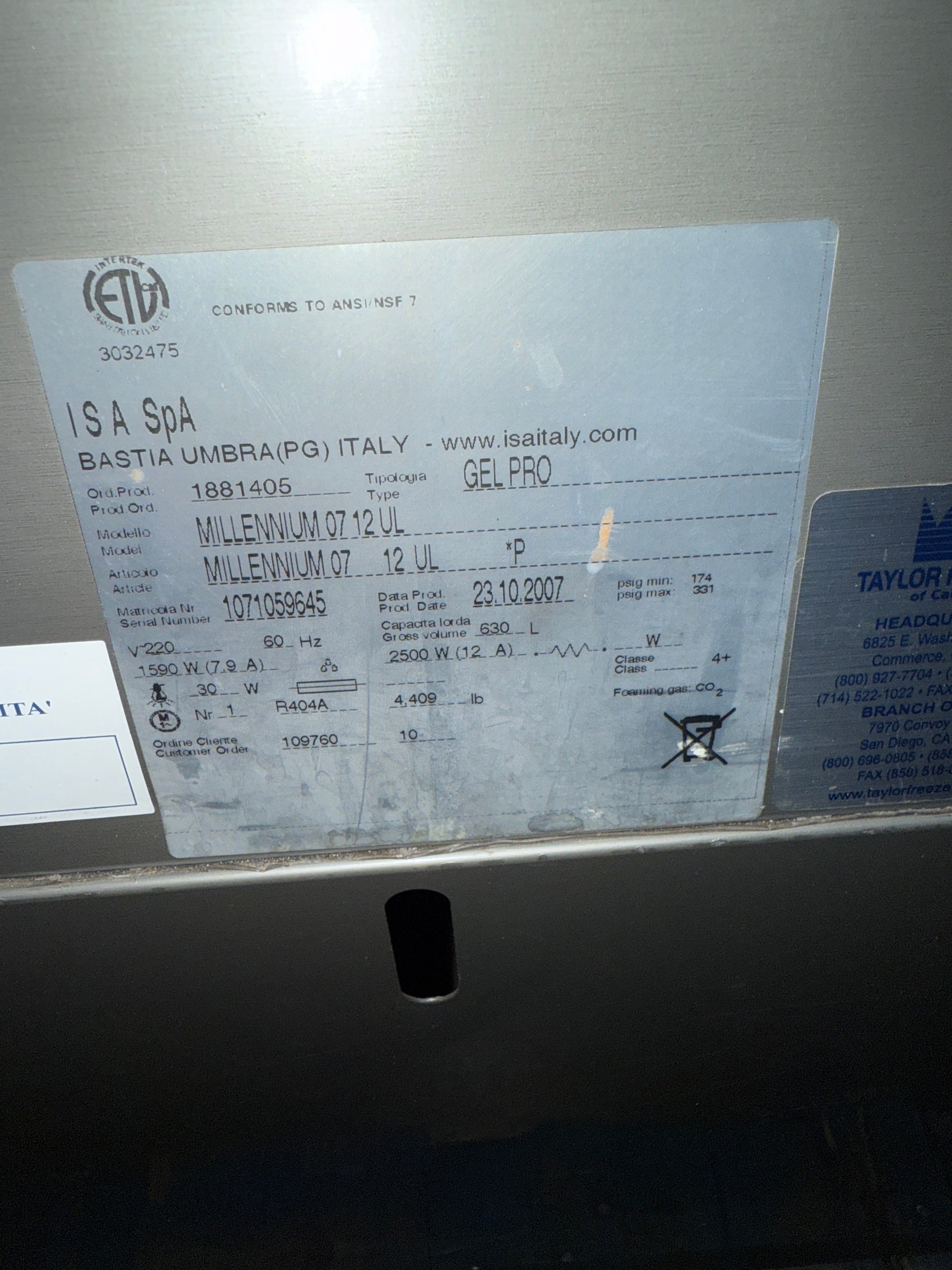 Gelato Merchandiser | ISA | Model # Millennium 0712UL | 220 Volts