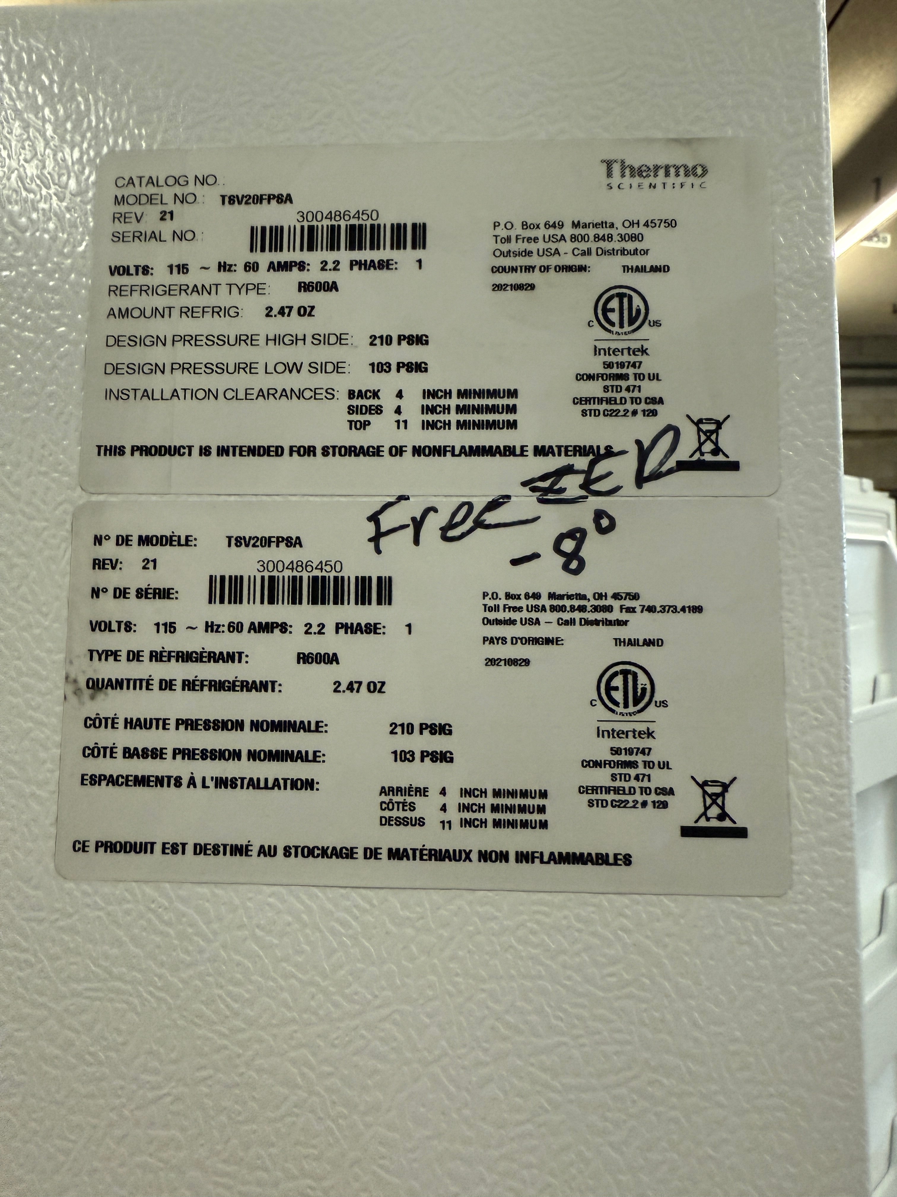 Freezer | Thermo Scientific | Model # T8V20FP8A | 120 Volt