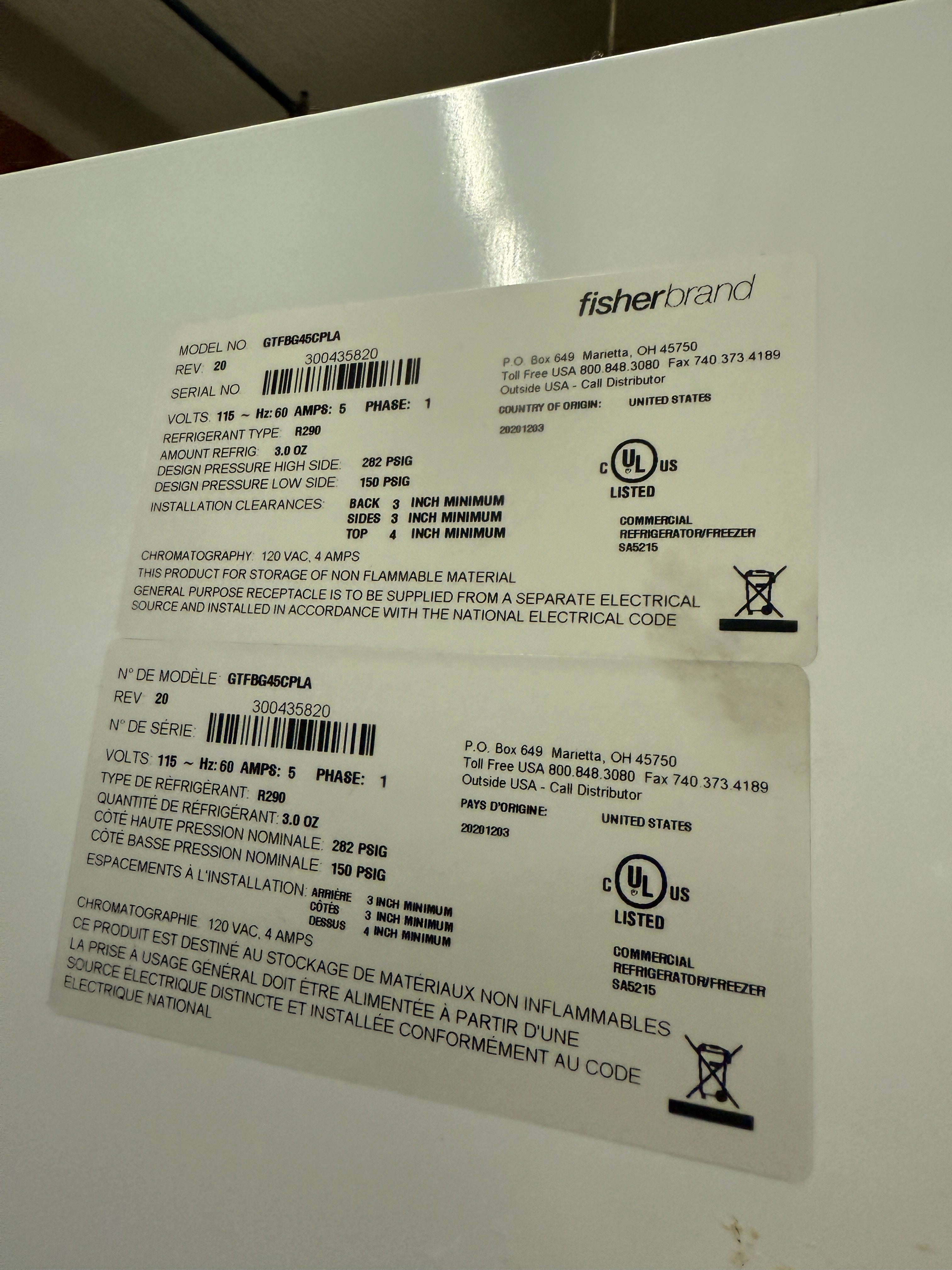 Refrigerator |Fisher Brand | Model # GTFBG45CPLA | 120 Volts