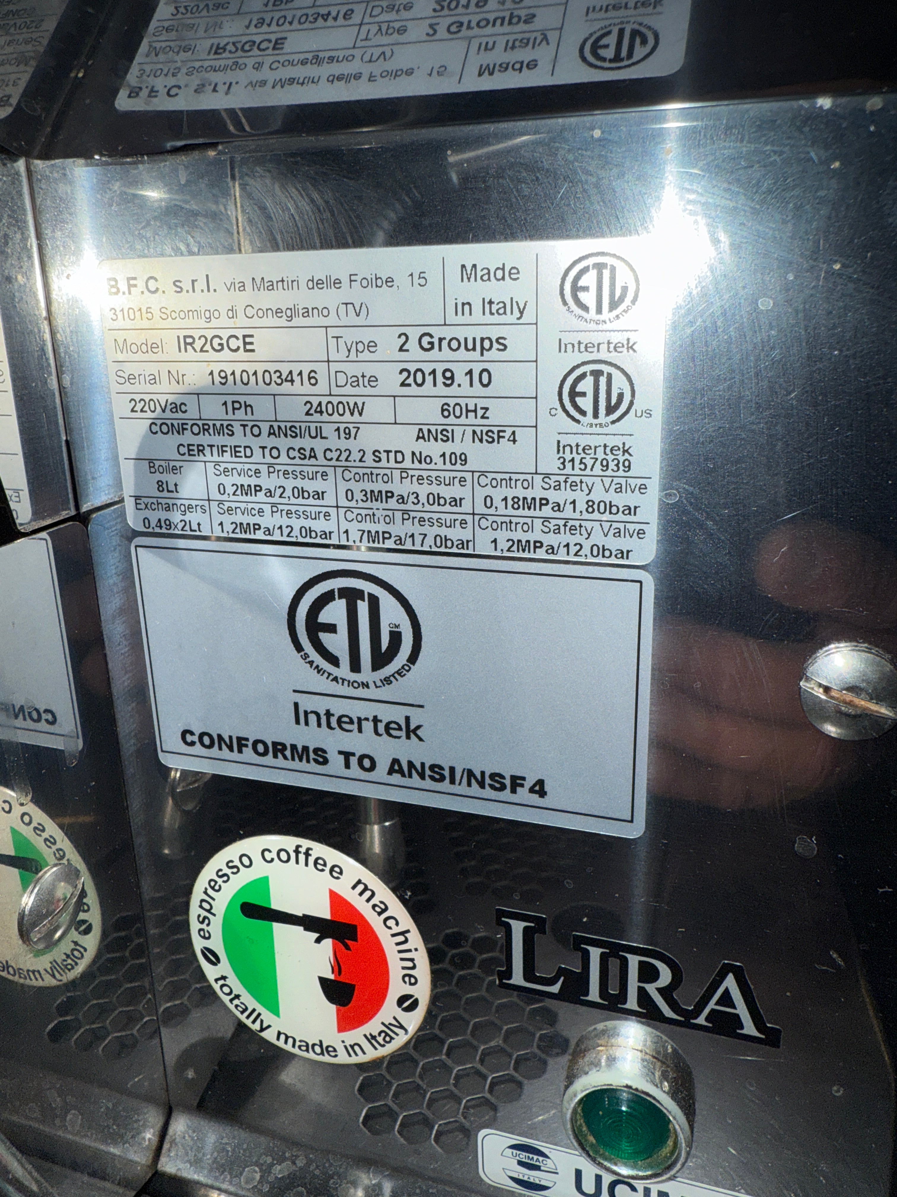 Espresso Machine | BFC Lira | Model # IR2GCE | 220 Volt Single Phase
