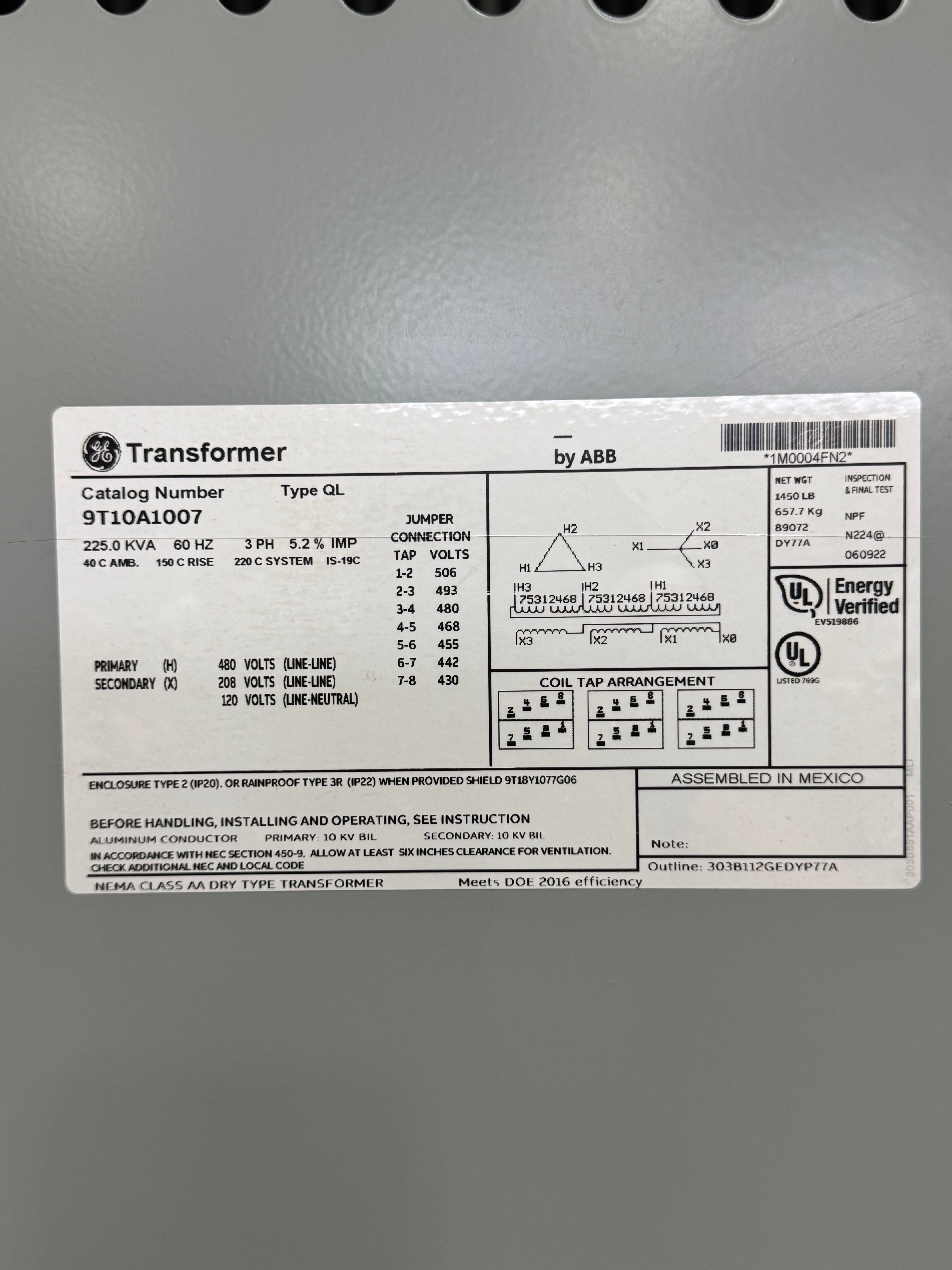Transformer (NEW) | ABB | Model # 9T10A1007 | 225kVA