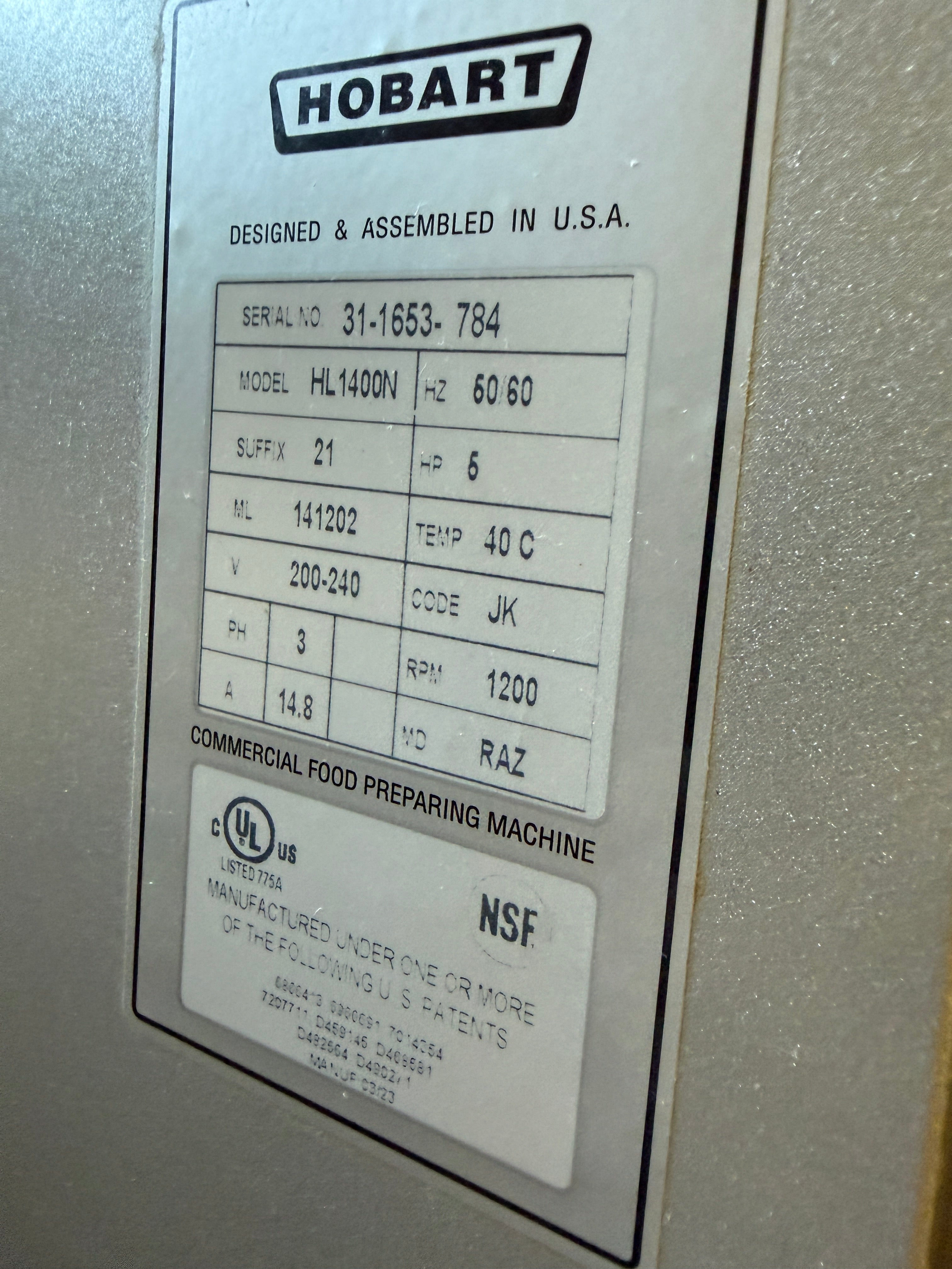 140qt Planetary Mixer(2023) | Hobart | Model # HL1400N | 240 Volts 3 Phase