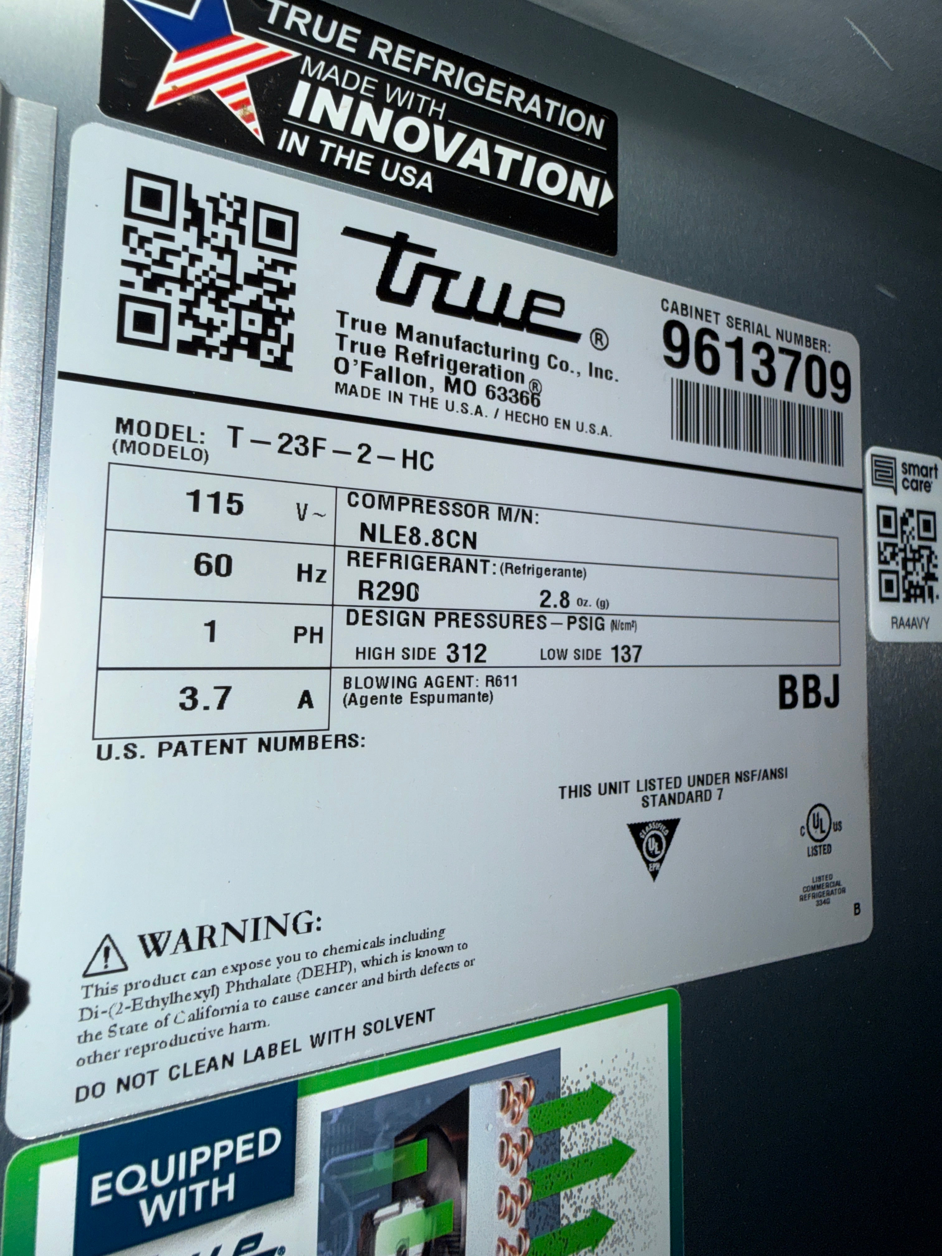 Freezer | True | Model # T-23F-2-HC | 120 Volt single phase
