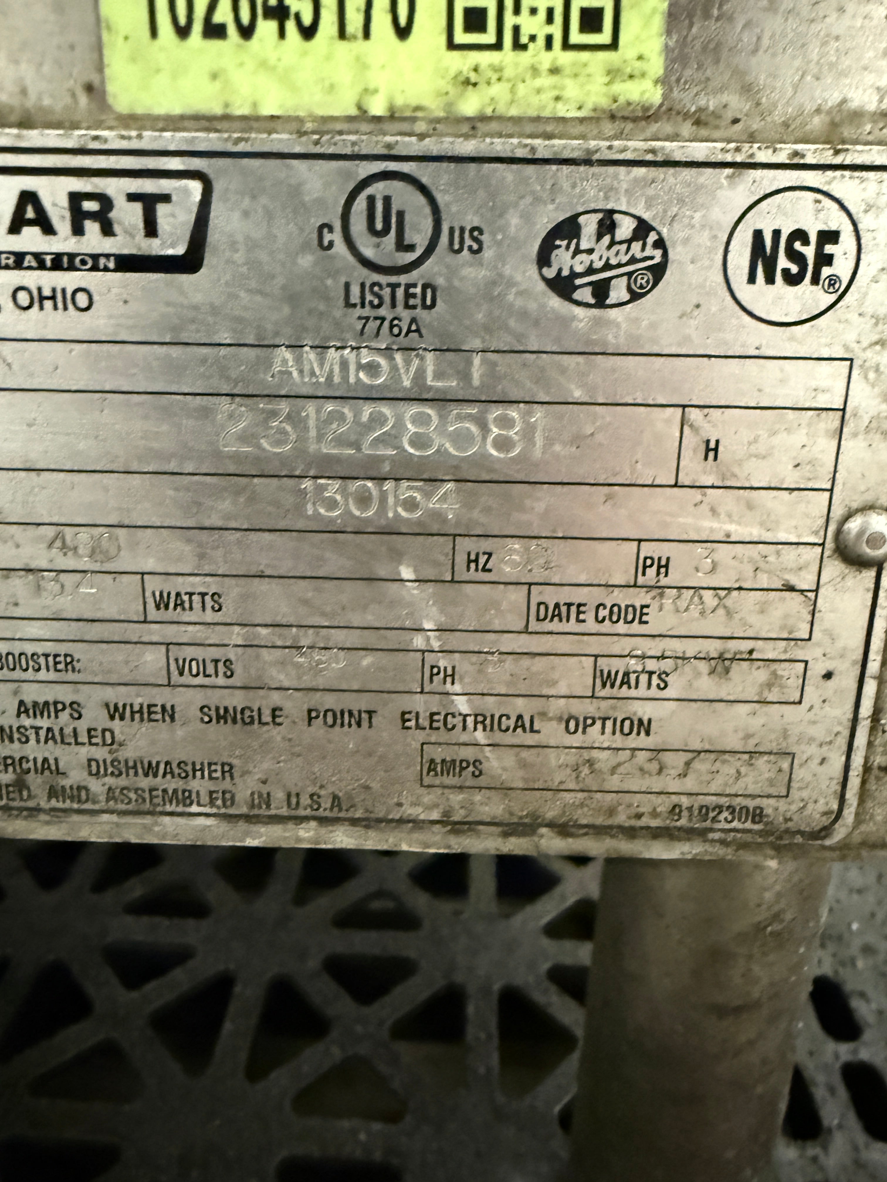 Dishwasher | Hobart | Model # AM15VL1 | 480 Volt 3 Phase