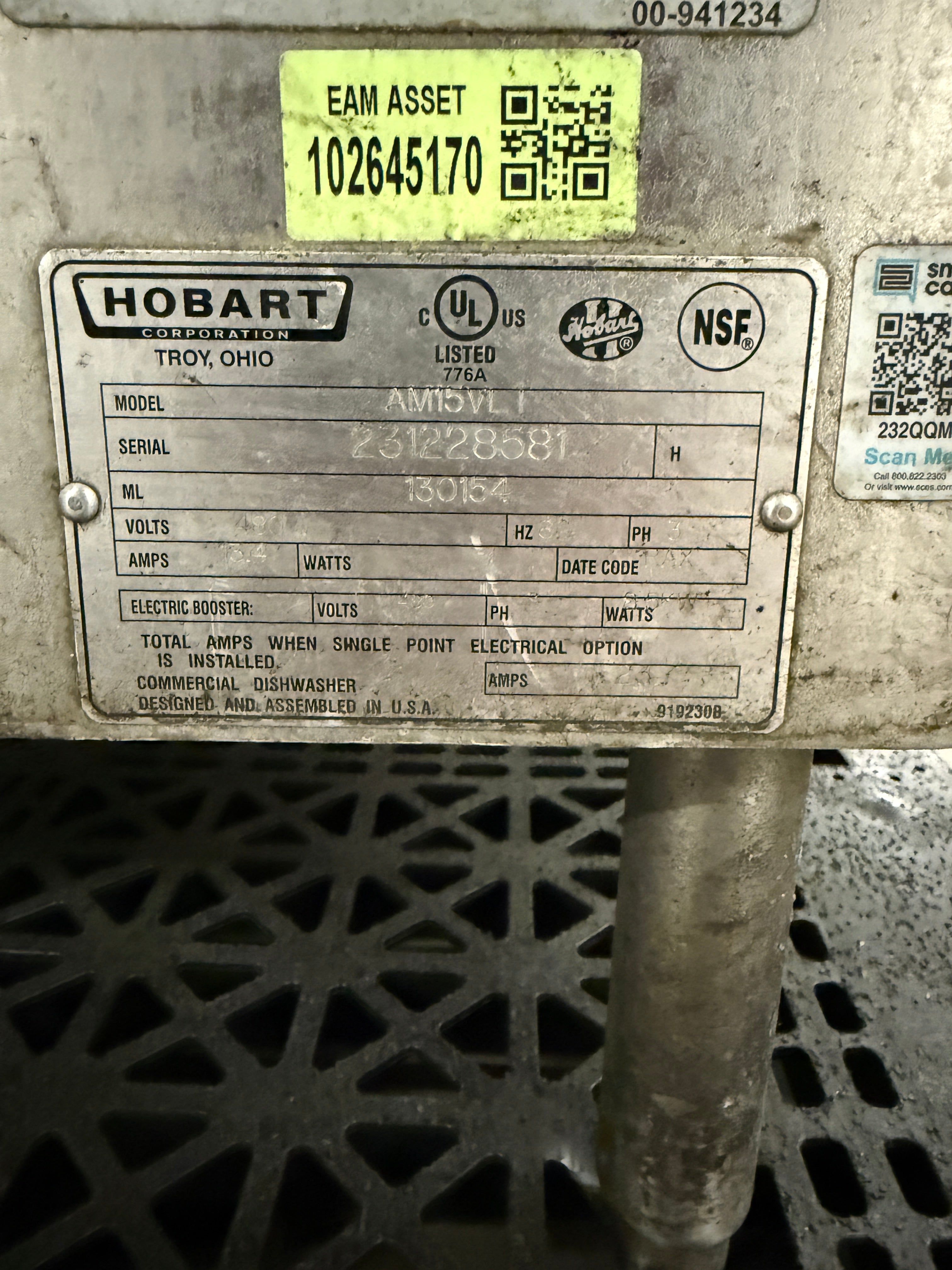 Dishwasher | Hobart | Model # AM15VL1 | 480 Volt 3 Phase