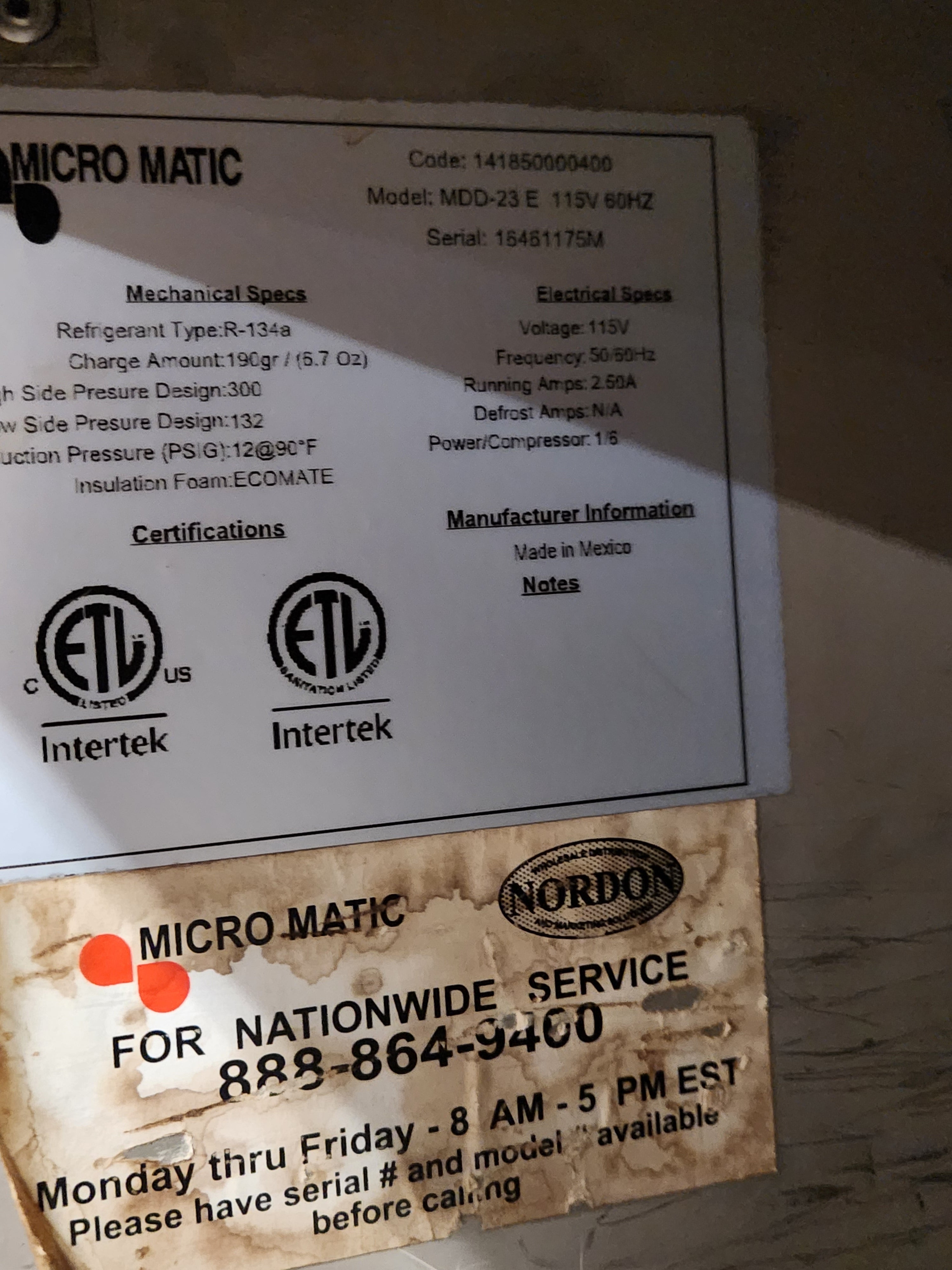 Kegerator | Micro Matic | Model # MDD-23E | Ser # 16461175M | 115 Volt