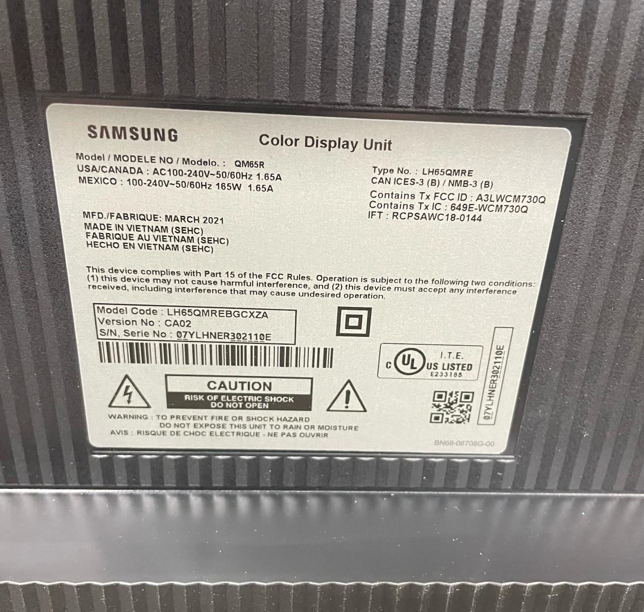 65" Electronic Menu Boards | Samsung | Model # QM65R | AC 100-240 V (50/60 Hz)