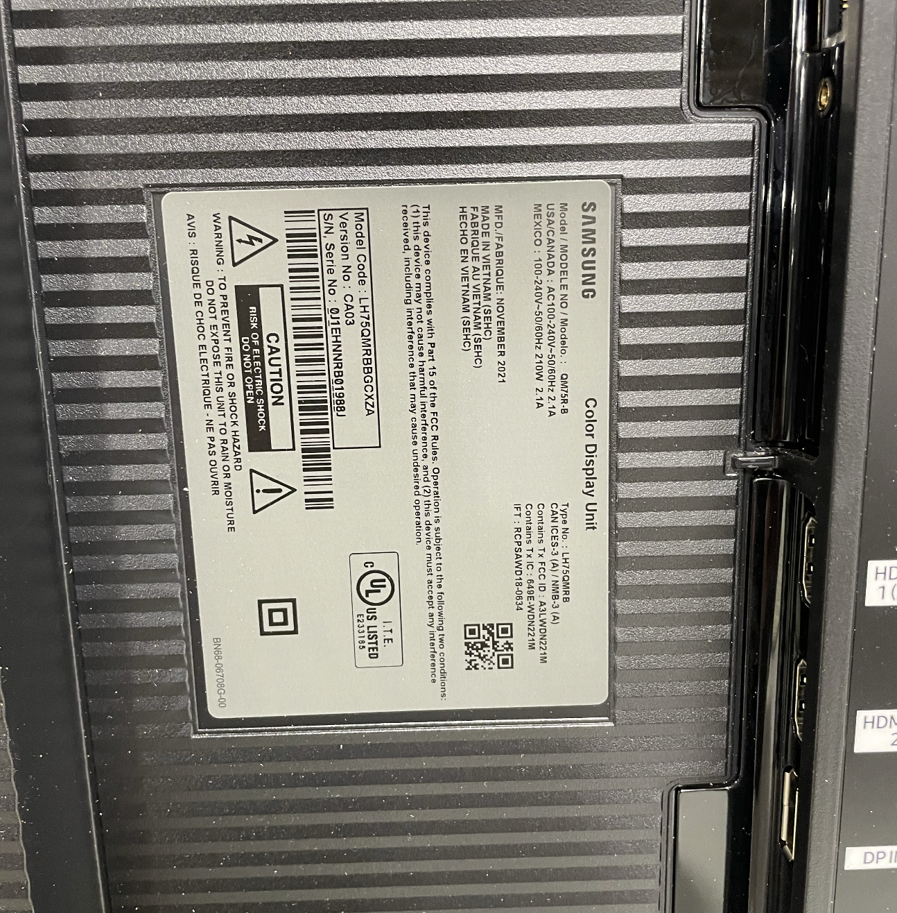75" Electronic Menu Board | Samsung | Model # QM75R-B | AC 100-240 V (50/60 Hz)